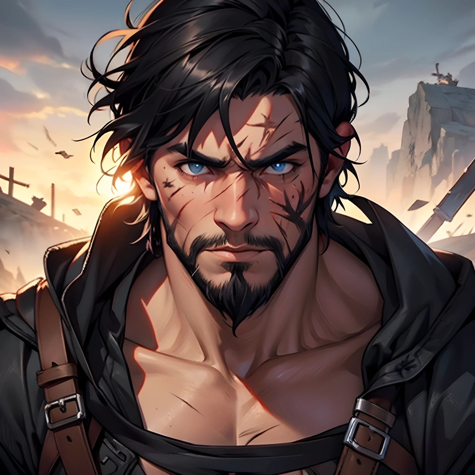 Viking Berserker. Dark Black Hair. Left blind eye. Huge Claw scar in his face