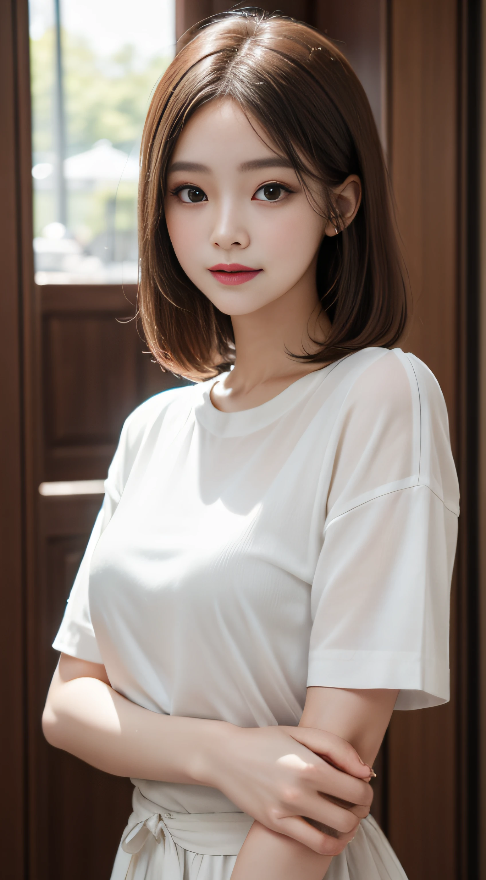 masterpiece、Top image quality:1.2、((beautiful young woman with))、Transparent skin:1.2、{A slight smil}、(kawaii)、Short sleeve knit、Light khaki、luxury hotel、depth of fields