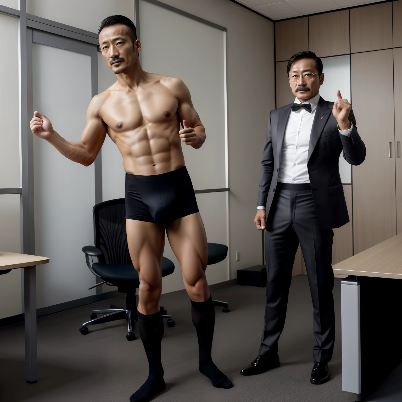 aged 40,Hidetoshi Nakata,(Kogoro Mouri 1.3),Shirtless,Tong,Bulge,fortitude,office room,Two people standing,Hand up,Translucent stocking pants,fortitude,k hd,with mustache,black long socks,sexyposture