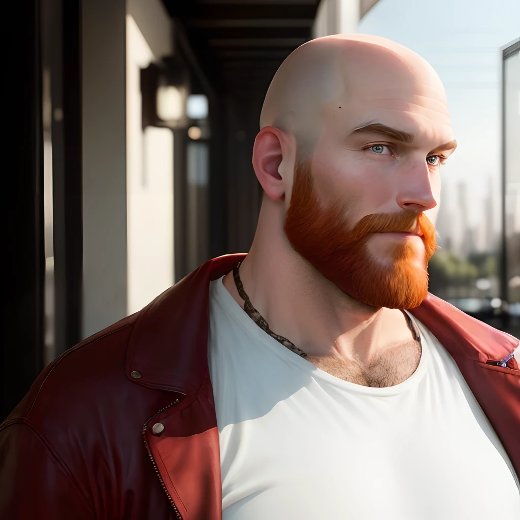 (best quality,4k,8k,highres,masterpiece:1.2),ultra-detailed,(realistic,photorealistic,photo-realistic:1.37),43-year-old,bald-headed man,long red beard,blue eyes,strong jawline,stubble,handsome face,confident facial expression,dressed in a tailored suit,wearing a stylish bowtie and pocket square,standing in a modern cityscape,architectural background with tall skyscrapers and glass facades,soft morning light illuminating his face,captivating skyline with vibrant colors,polished and reflective surfaces,glimmering reflections in the windows,sense of power and success,immaculate grooming,trimmed eyebrows,sparkling white teeth,unique individuality,exquisite attention to detail,striking contrast between his bald head and long red beard,hint of a mischievous smile,subtle air of mystery,magnetic presence,charismatic aura,confident posture,assertive yet approachable,commanding the attention of everyone around him,conveys a sense of authority and intelligence,creating a dynamic visual narrative,perfectly capturing the essence of modern urban life