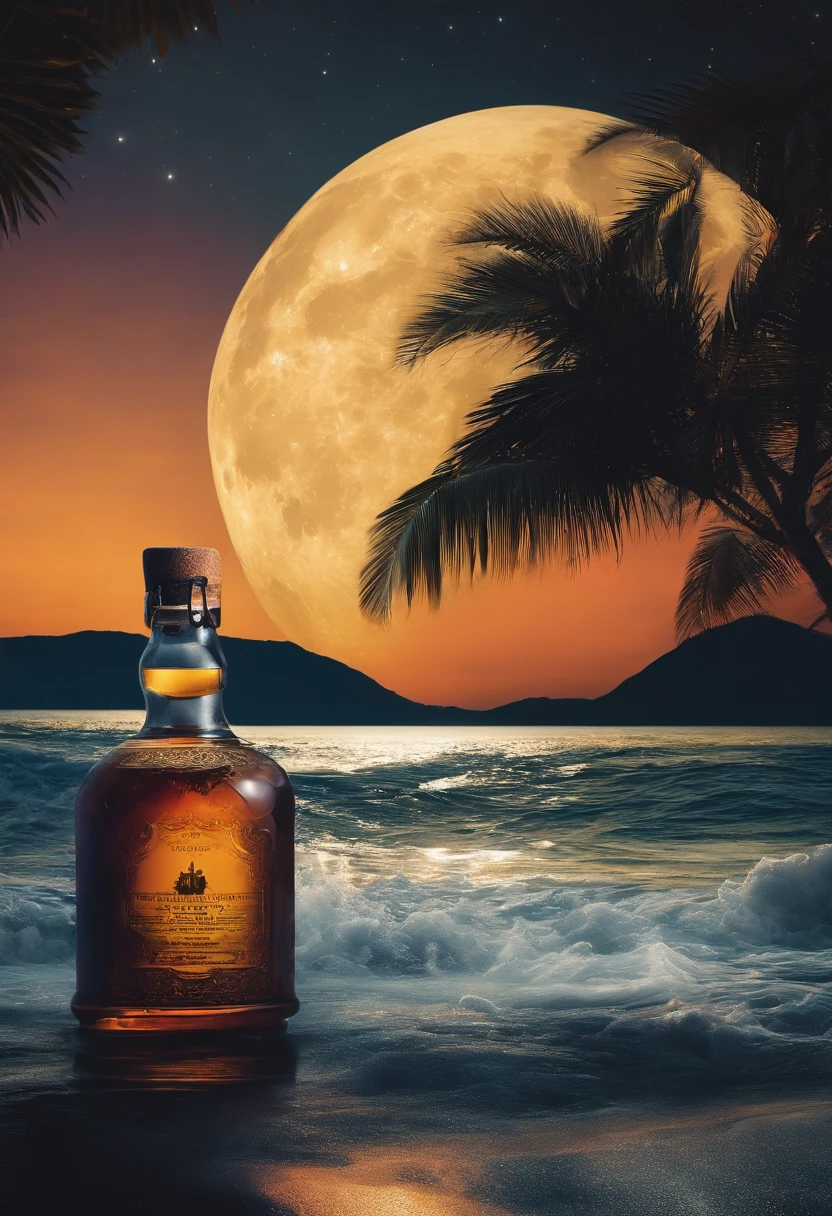 Noisy record covers,The main object is a bottle of honey,The background is the moon and the sea