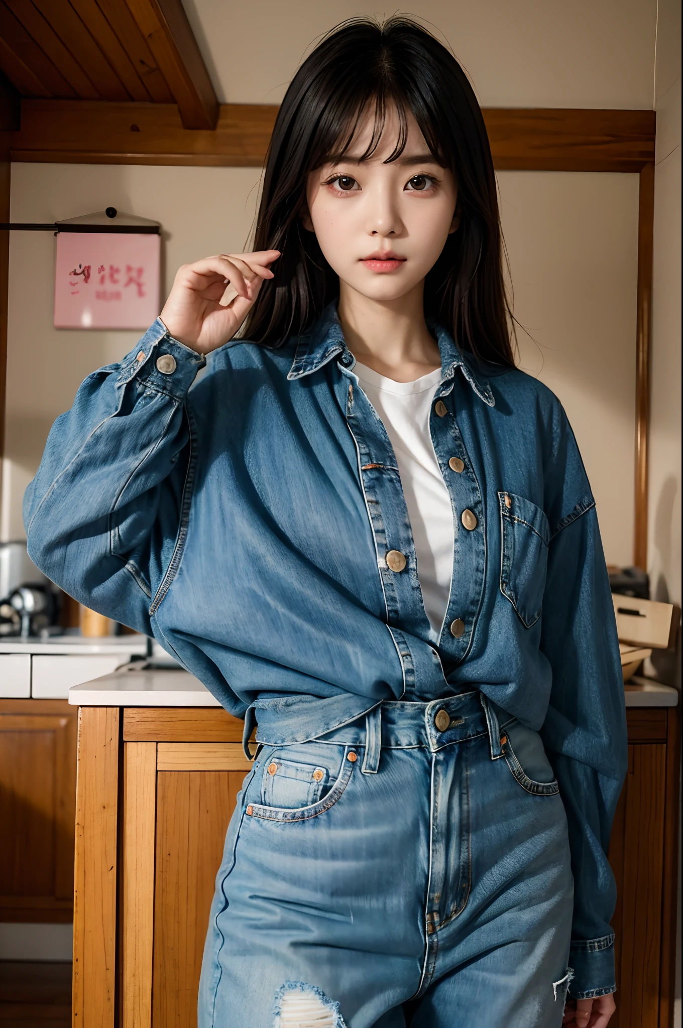 there is a woman standing in a room with a remote, a picture inspired by Kim Jeong-hui, unsplash, realism, ruan cute vtuber, taken with canon 8 0 d, kawaii shirt and jeans, chiho, taken with canon eos 5 d mark iv, wan adorable korean face, she has a cute expressive face, e-girl, e - girl