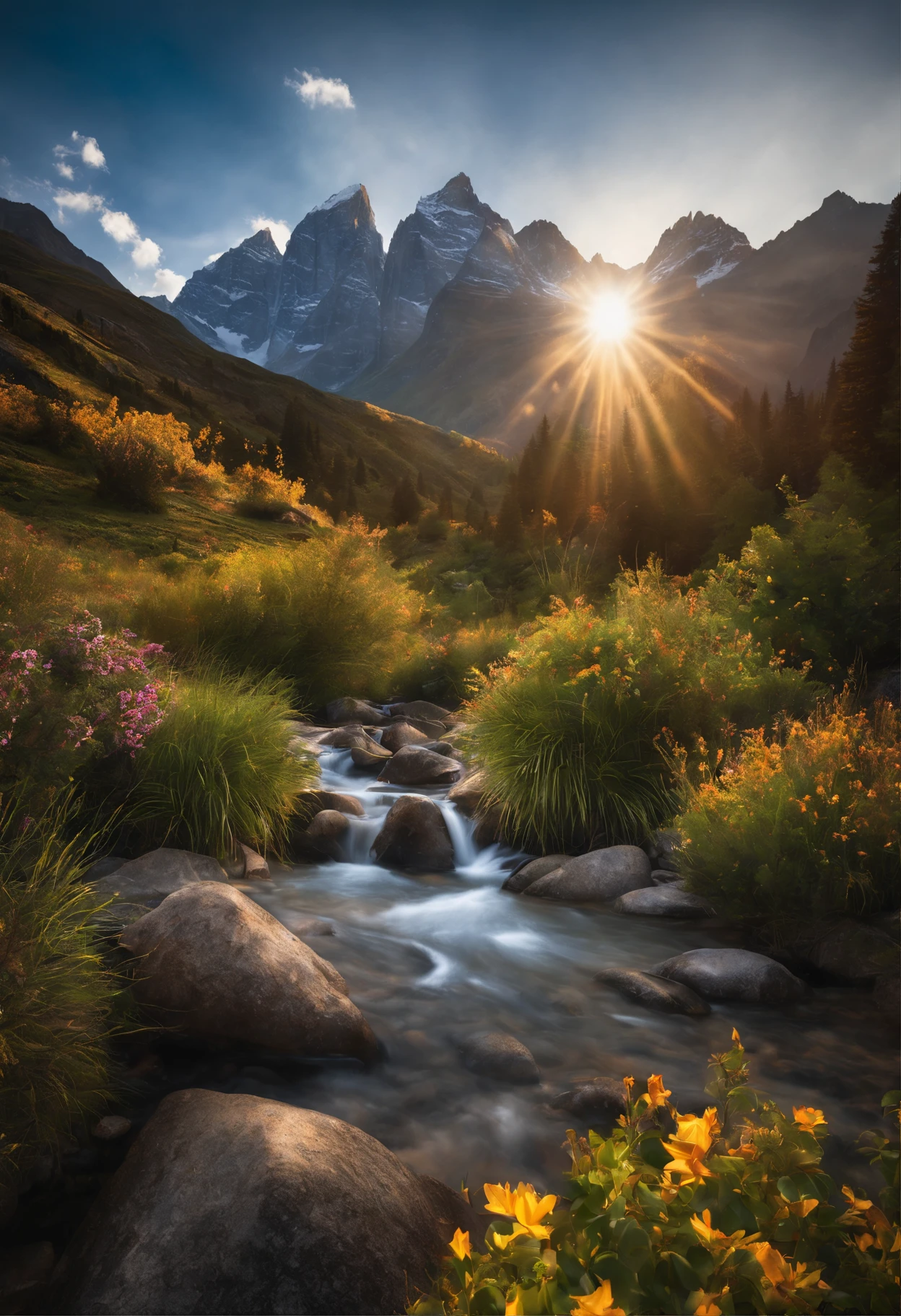 Produce a set of breathtaking mountain images, perfect for wallpapers. Enhance their quality by intensifying the rich, vibrant colors of the landscapes, making them pop with stunning clarity. Add intricate details to showcase the texture of the rugged terrain, the play of light and shadow on the peaks, and the lushness of the surrounding flora. Ensure that these images capture the grandeur and majesty of the mountains, providing viewers with a captivating and immersive visual experience.