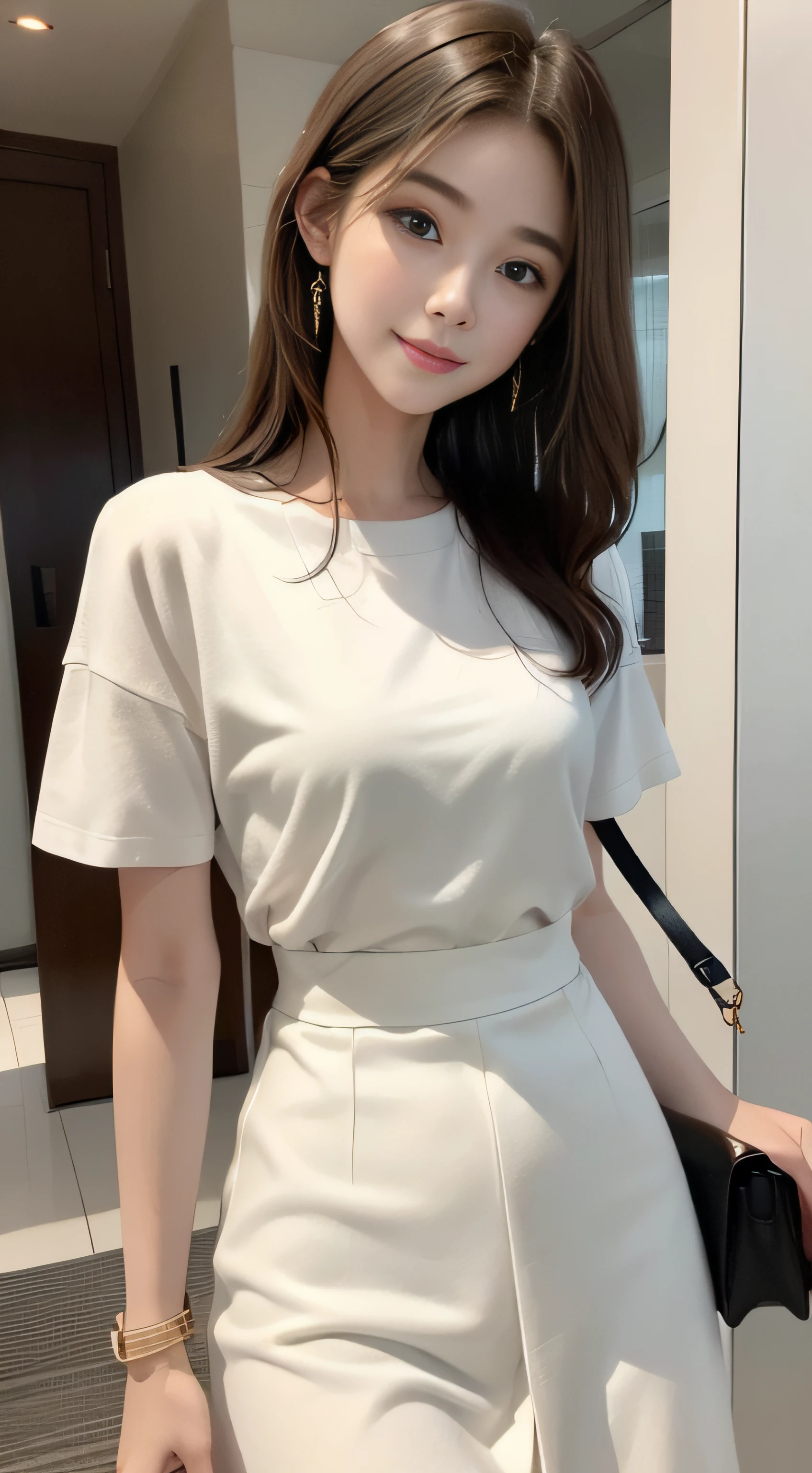 White tight shirt、White tight mini skirt、a bed、a smile、shortsleeves、high-level image quality