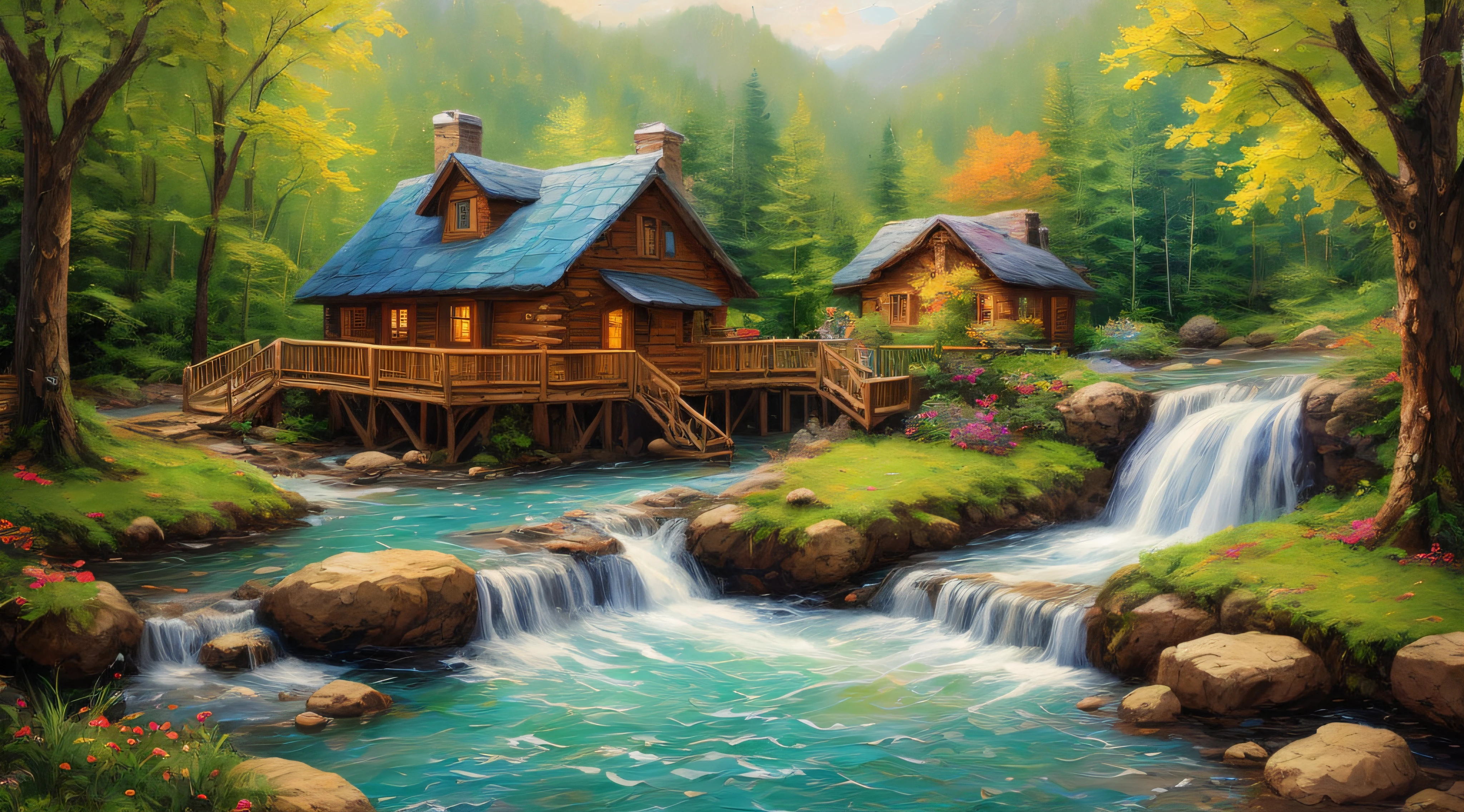 painting of a cabin in a mountain stream with a waterfall, children play around cabin,  4 k oil painting, beautiful oil matte painting, oil painting 4 k, oil painting 4k, cottage in the forest, beautiful oil painting on canvas, beautiful digital painting, smooth oil painting, beautiful art uhd 4 k, 8 k hd detailed oil painting, oil digital painting, Inspired by Thomas Kinkade.