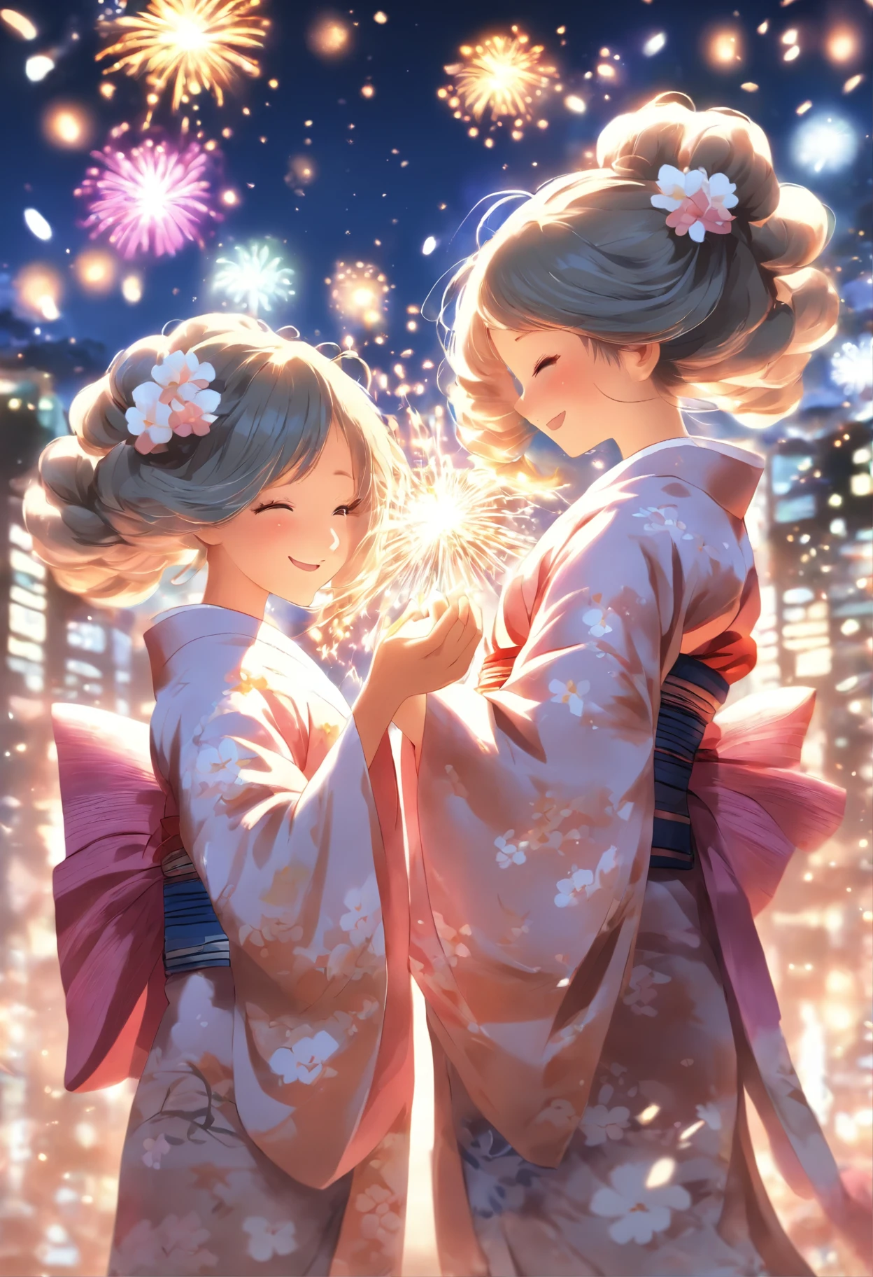 two girls are showing each other their hands under fireworks and stars backdrop, fireworks, blue eyes, kimono, multiple girls, japanese clothes, smile, 2girls, flower, hair flower, closed mouth, long hair, aerial fireworks, hair ornament, holding hands, sash, obi, black hair, bangs, white kimono, wide sleeves, blush, interlocked fingers, white flower, hair between eyes, pink kimono, print kimono, grey hair