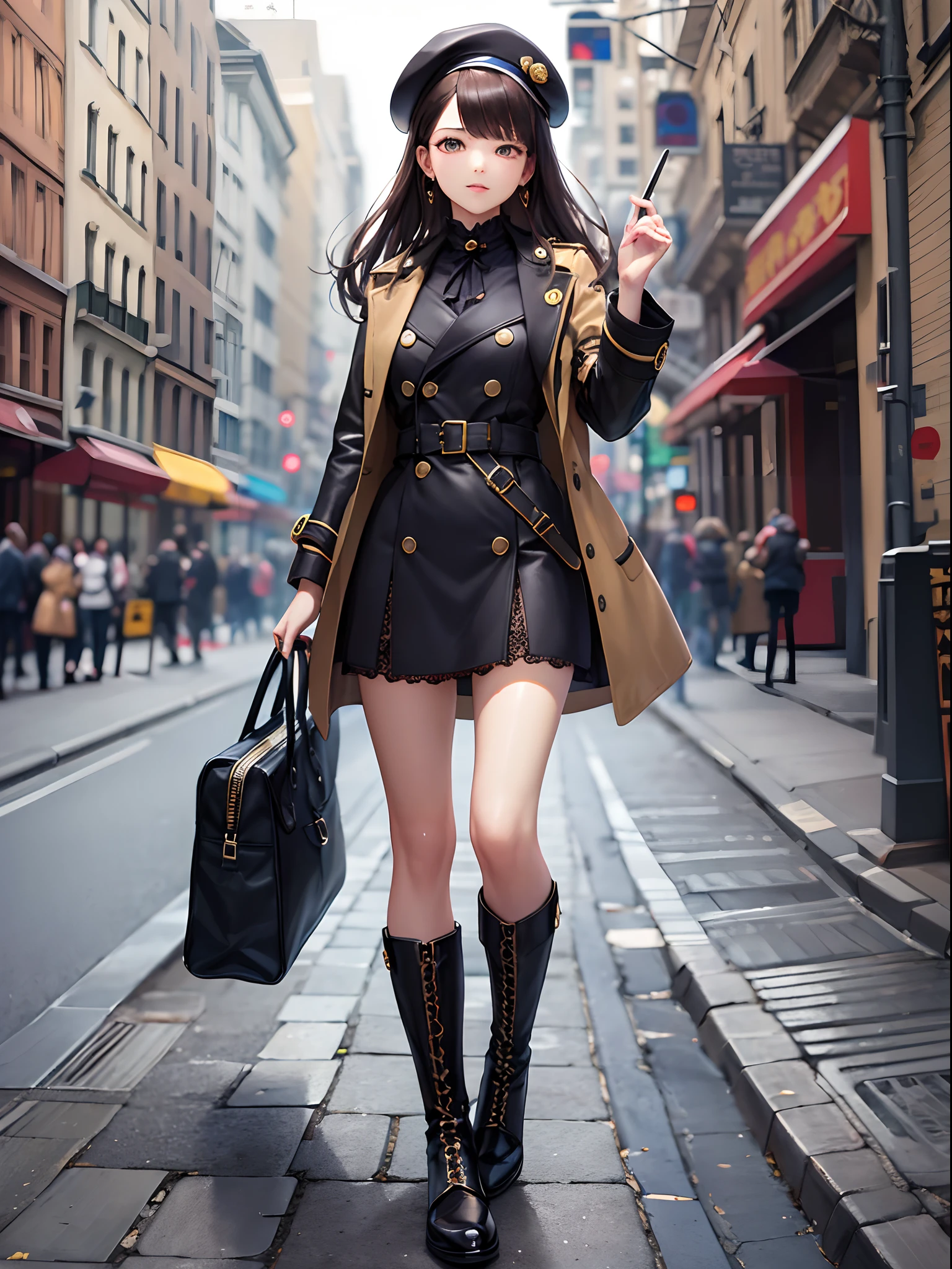 (Finest quality)),(超A high resolution),(ultra-detailliert),(Meticulous portrayal),((best pictures)),(Finest works of art),Ultra-Precision Art,The art of astounding depiction, (1人の女性:1.3),trench coat:1.3,beret:1.3,lace-up boots:1.4, Walk on paved roads,