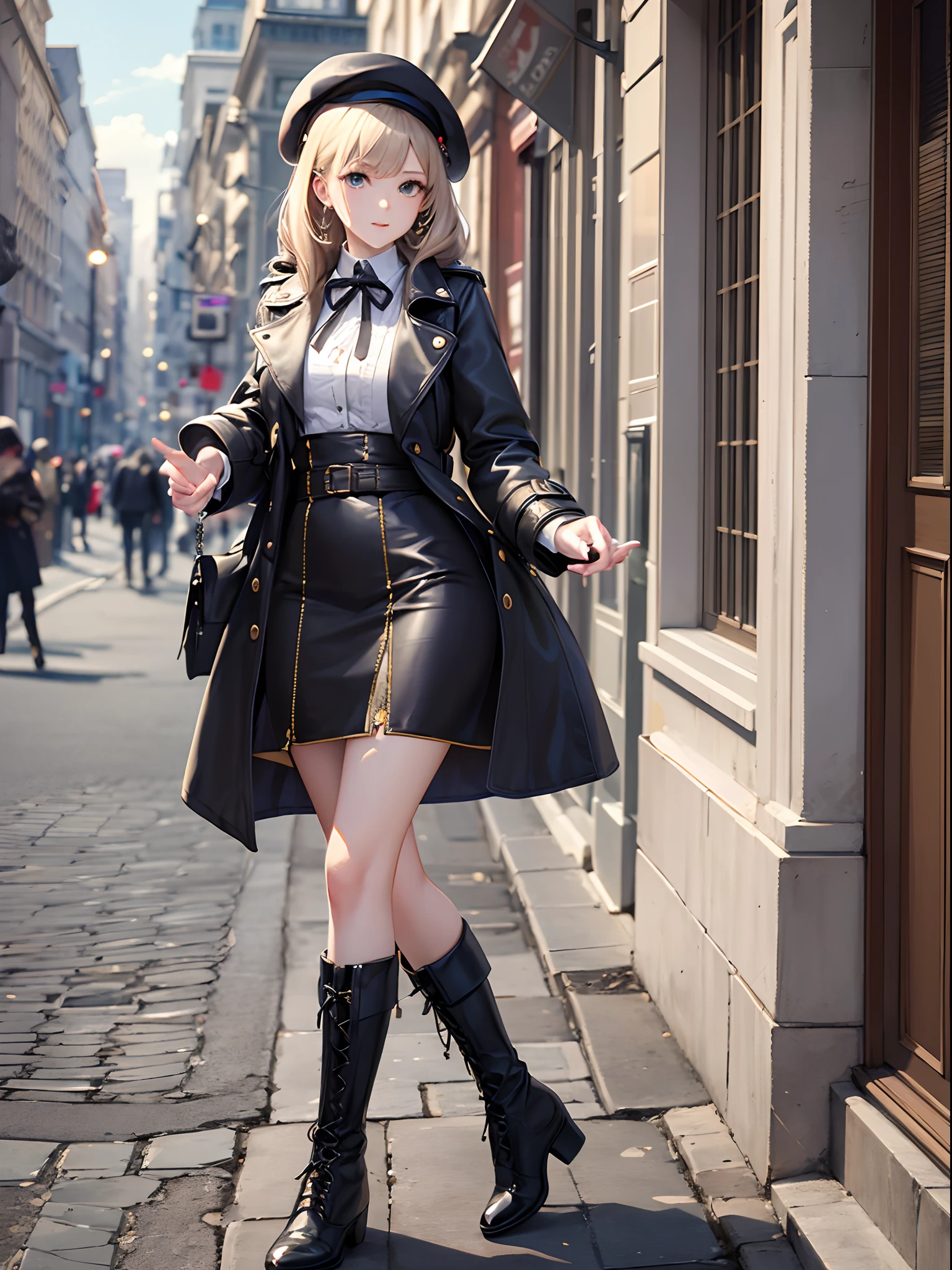 (Finest quality)),(超A high resolution),(ultra-detailliert),(Meticulous portrayal),((best pictures)),(Finest works of art),Ultra-Precision Art,The art of astounding depiction, (1人の女性:1.3),trench coat:1.3,beret:1.3,lace-up boots:1.4, Walk on paved roads,