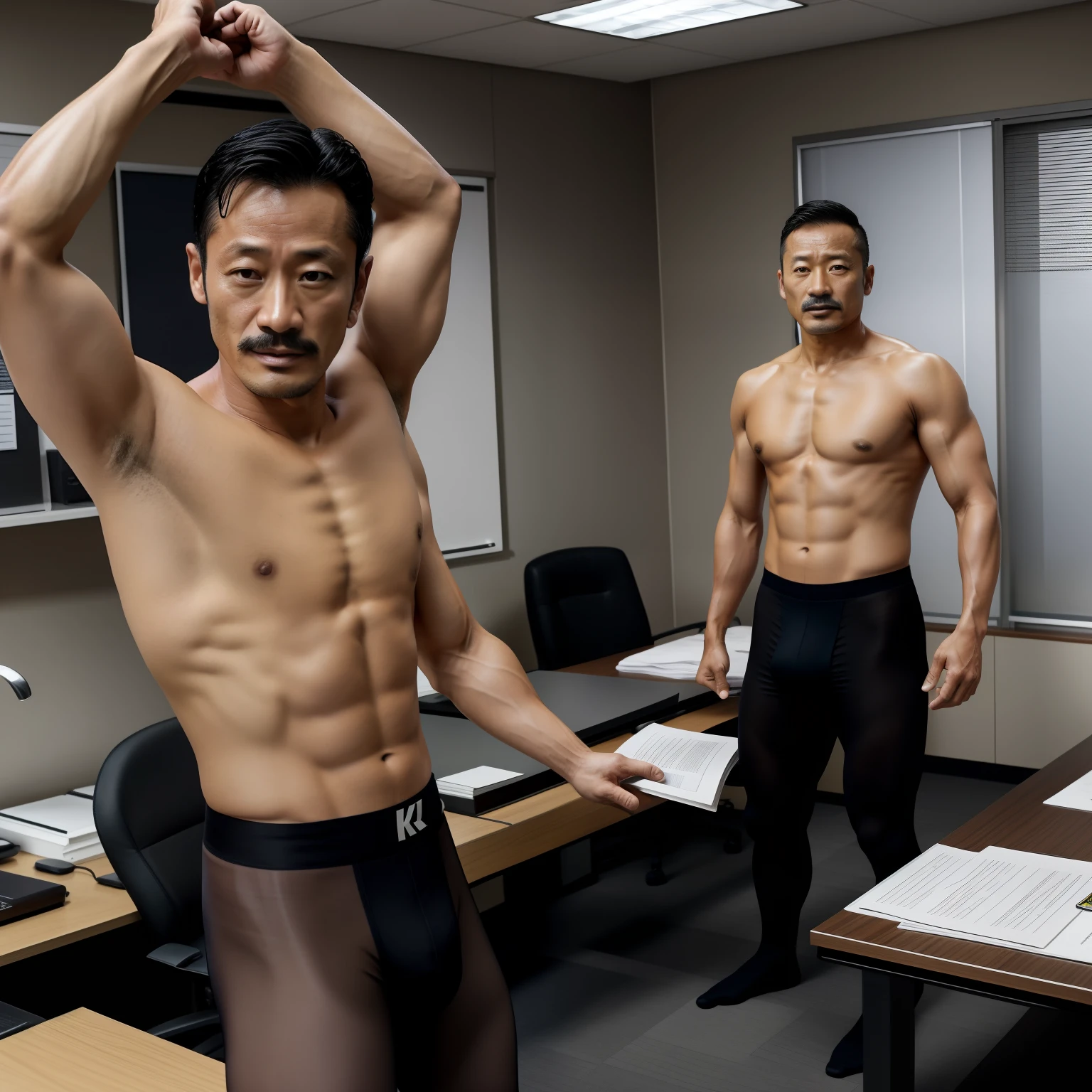 aged 40，Hidetoshi Nakata，（Kogoro Mouri 1.3），Shirtless，Tong，Bulge，fortitude，office room，Two people standing，Hands up，Translucent stocking pants，Harnes，fortitude，k hd，with mustache，black long socks