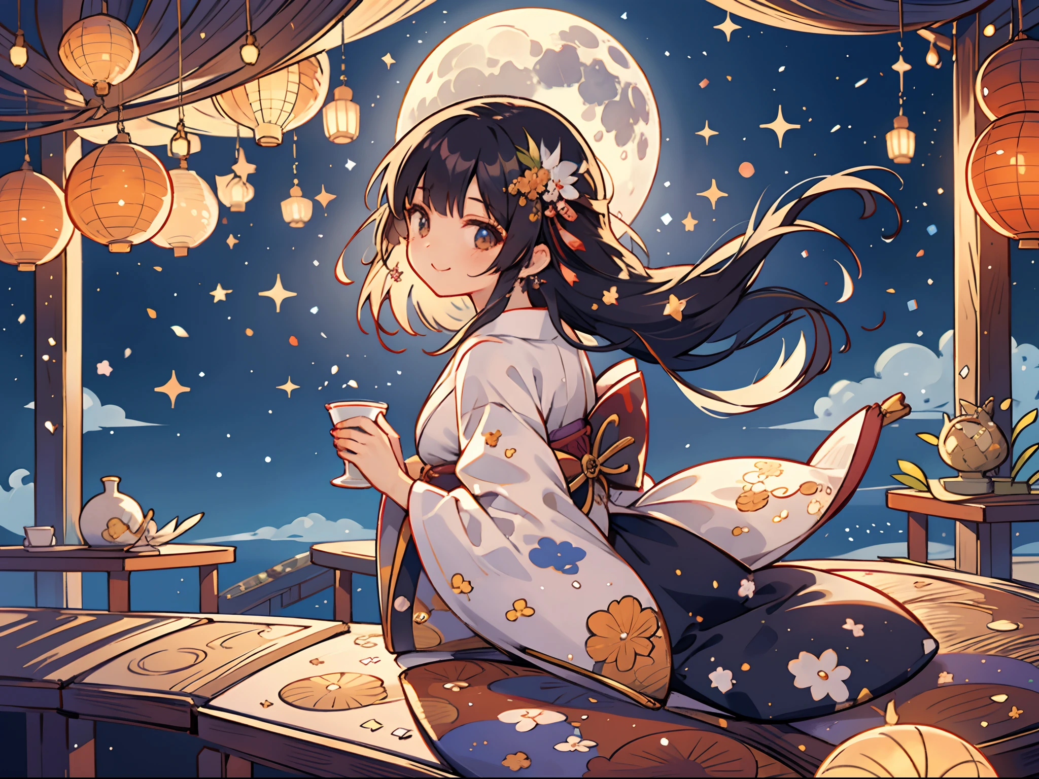 One girl is looking backwards at the moon, Girl with long black hair hanging on the floor, (Sexy smile), Kimono with beautiful patterns and colors., One Big Moon, Big Moon, Girl in the back looking at a very beautiful moon, (On the veranda in the Japan style:1.3), (Holding a cup of Japan:1.2), Liquor bottles are placed, Colorful, ultra-detailliert, high-level image quality, [[[[[multiple arms]]]]]