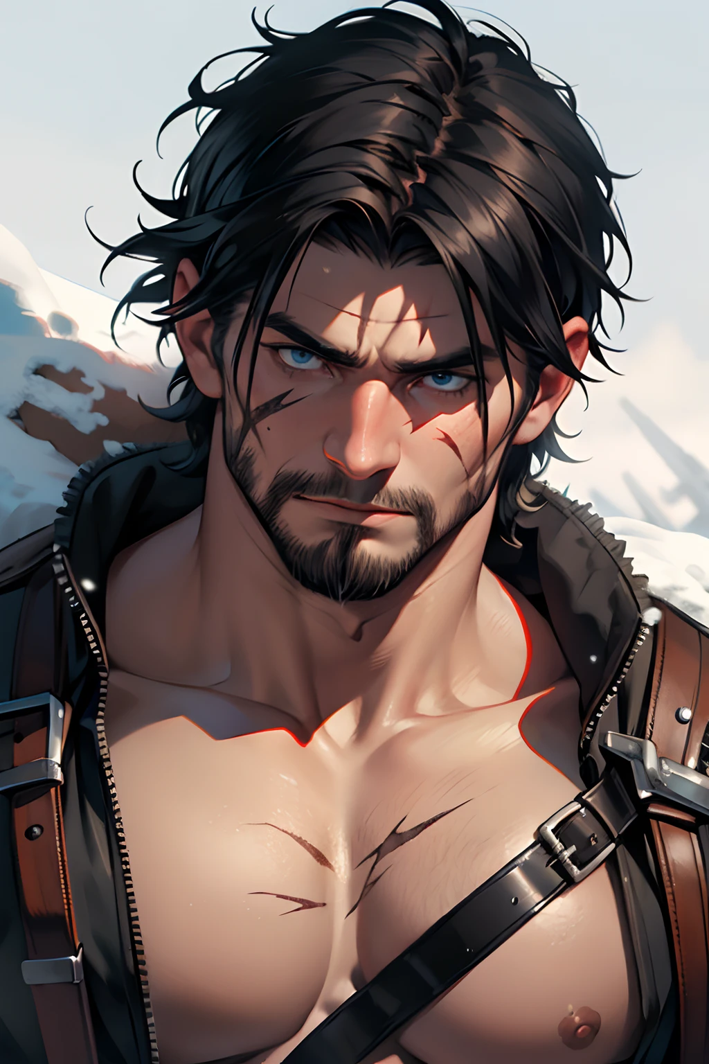 Viking berserker. Dark Black Hair. Short Hair. Huge Scars in his face. Snowy Background