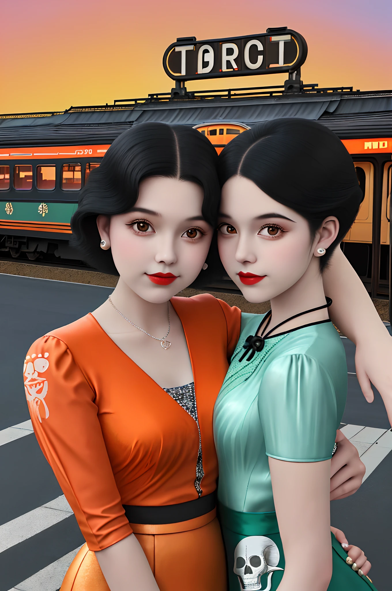 portrait of 2girls, duo, (couple cuddling),retro haircut,double tails,dressed in a 1930s-inspired dress, pencil skirts, skull print, Orange sky, Outdoors,retro Train station, Stand in front of the retro train,,