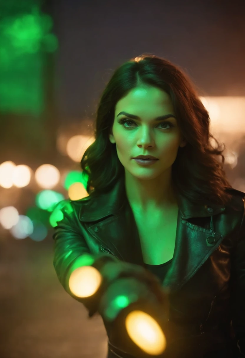 Cena do filme, Mulher vestida como Lanterna Verde da DC, extremamente detalhado, futuristic cityscape, noite, glowing neon lights, smoke billowing, Sparks, Metal shavings, Detritos voadores, efeitos da energia azul, volumetric light