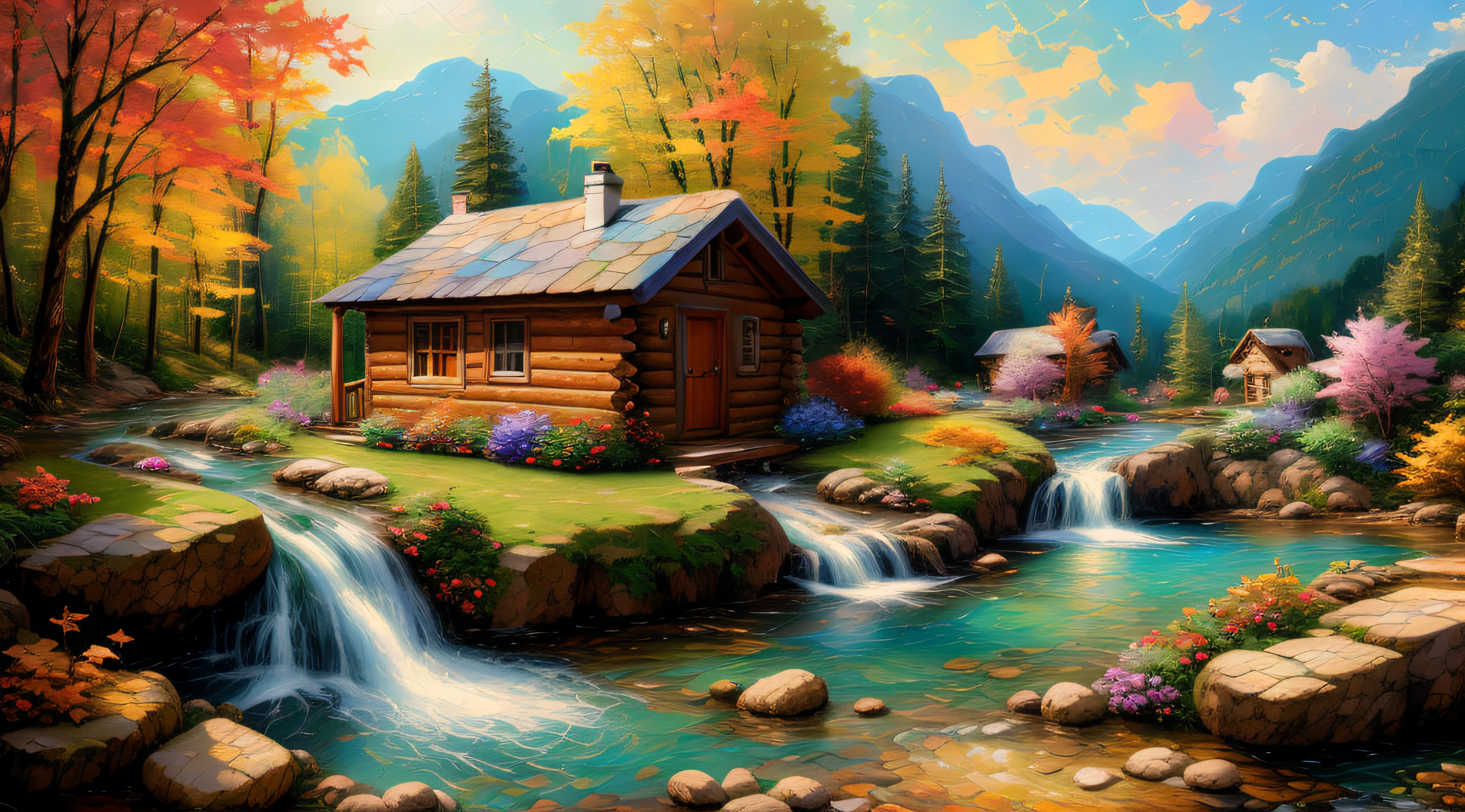 painting of a cabin in a mountain stream with a waterfall, children play around cabin,  4 k oil painting, beautiful oil matte painting, oil painting 4 k, oil painting 4k, cottage in the forest, beautiful oil painting on canvas, beautiful digital painting, smooth oil painting, beautiful art uhd 4 k, 8 k hd detailed oil painting, oil digital painting, Inspired by Thomas Kinkade.