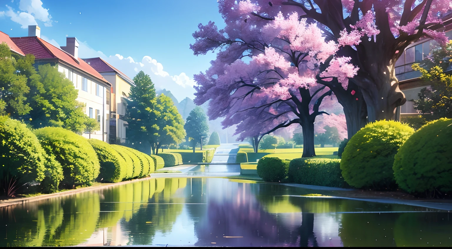 (beautiful university campus), the path of stone,two side of trees, after raining, drop of water from the trees, (students in the part of the picture), (puddle of water reflection),(anime style),(CG), atmospheric perspective, masterpiece, accurate, ((best quality)), high quality, super detail, high details, anatomically correct, highRes, 1080p