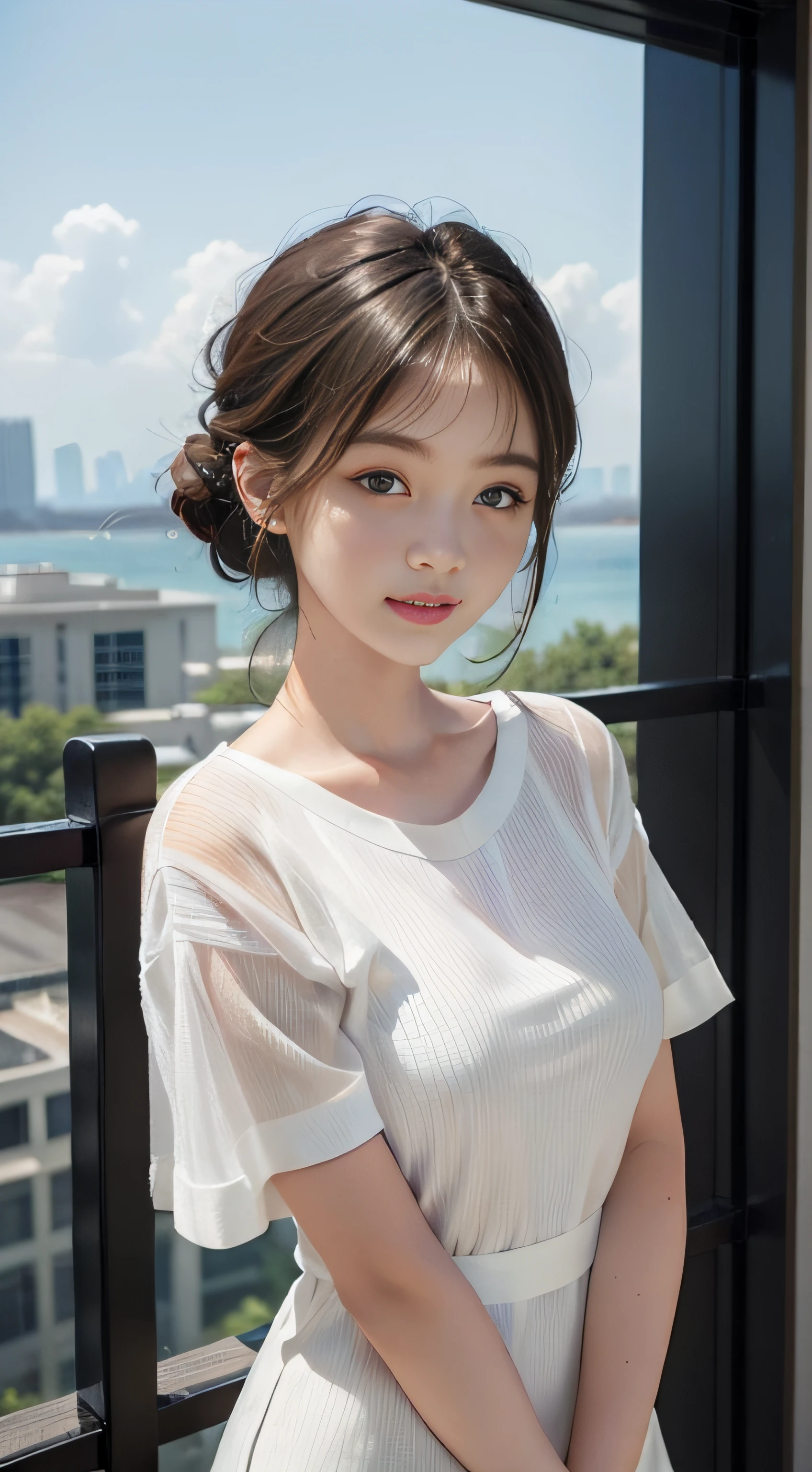 masterpiece、Top image quality:1.2、((beautiful young woman with))、Transparent skin:1.2、{A slight smil}、(kawaii)、Short sleeve knit、luxury hotel、depth of fields