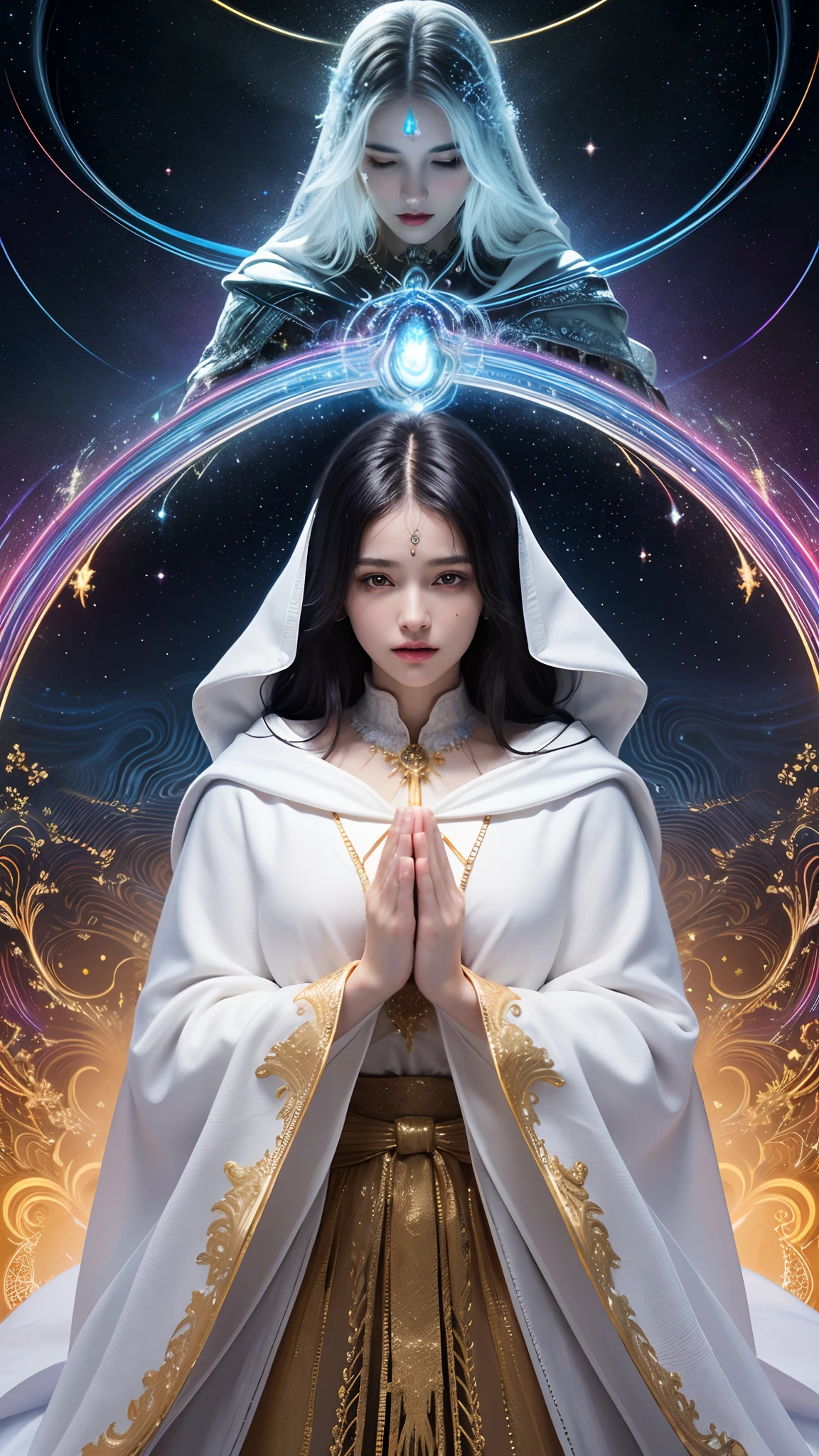 (masterpiece, top quality, best quality, official art, beautiful and aesthetic:1.2), (1girl), extreme detailed, (fractal art:1.3), colorful, highest detailed, perfect face, upper body, HDR, (praying:1.3), (white cloak golden lines:1.2), galaxy, (light streaks), striking visuals, (dynamic streaks, luminous trails:1.2), vibrant colors,