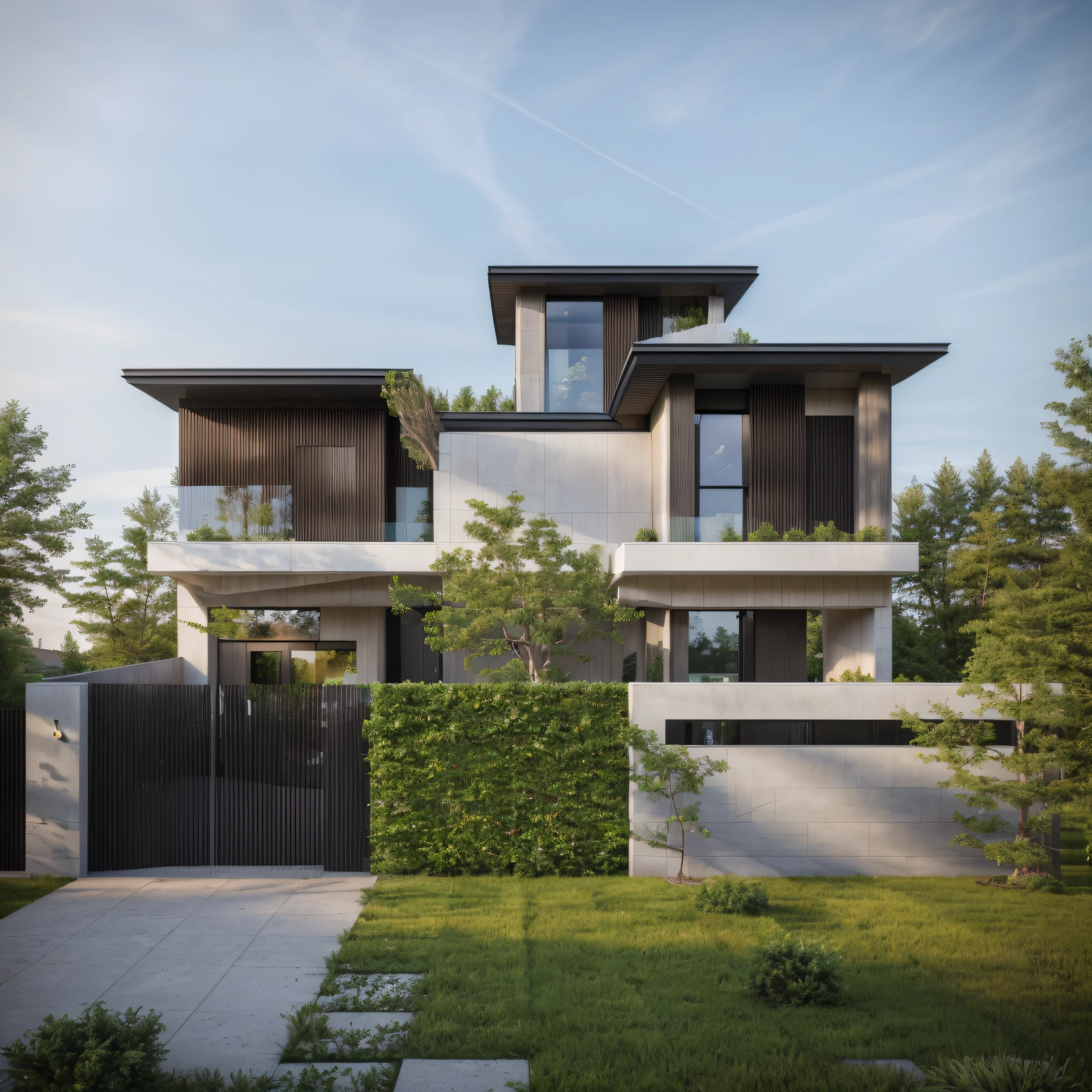 (masterpiece),(high quality), best quality, real,(realistic), super detailed, (full detail),(4k),8k,modern house exterior design,Modern architecture,Beautiful_sky,Day light, no_humans, outdoors,sky,tree,Garden flower front of building,