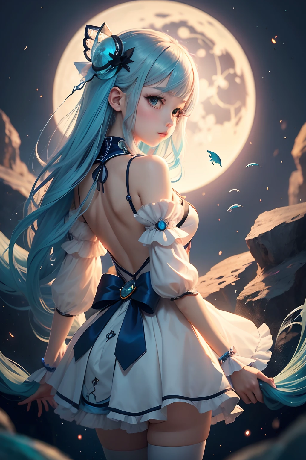 Sky blue hair, (Braided Ponytail), Pink eyes,Fair skin ,(whole body),(One Girl),Tsukimi,Dumpling,(beautiful, Full moon shining in the night sky),(masterpiece, Highest quality, Very detailed, Best Shadow), (Detailed Background), (Beautifully detailed face), High Contrast, (Best lighting, Very delicate and beautiful), ((Cinematic Light)), colorful, Hyper Detail,8k, Dramatic Light, Intricate details,