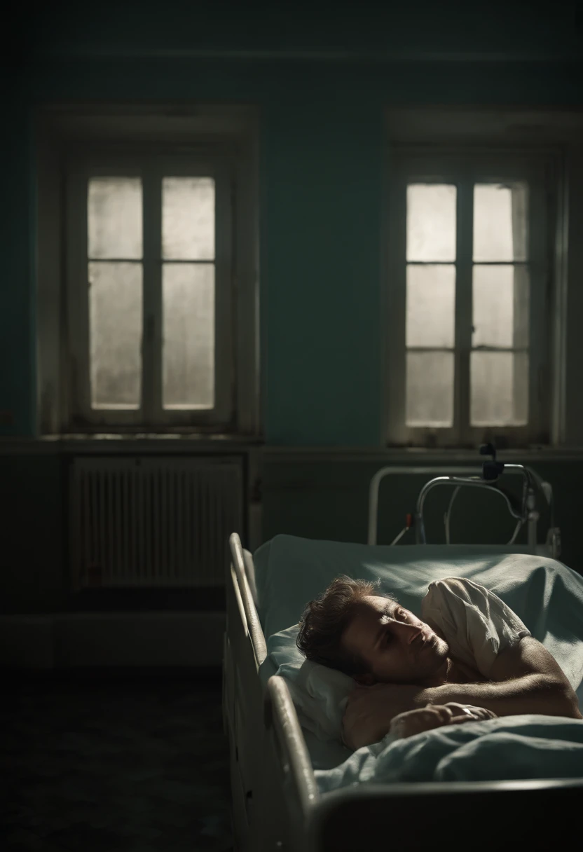 A man lying on a hospital bed, with exposed wounds, appears to have been sleepless for days, eerie, (best quality, highres, realistic:1.37), ultra-detailed, gloomy atmosphere, haunting, horror theme, pale complexion, dark circles under the eyes, disheveled hair, medical equipment, sterile environment, dimly lit room, heavy shadows, lifeless expression, run-down hospital room, somber colors, eerie silence, an air of despair.