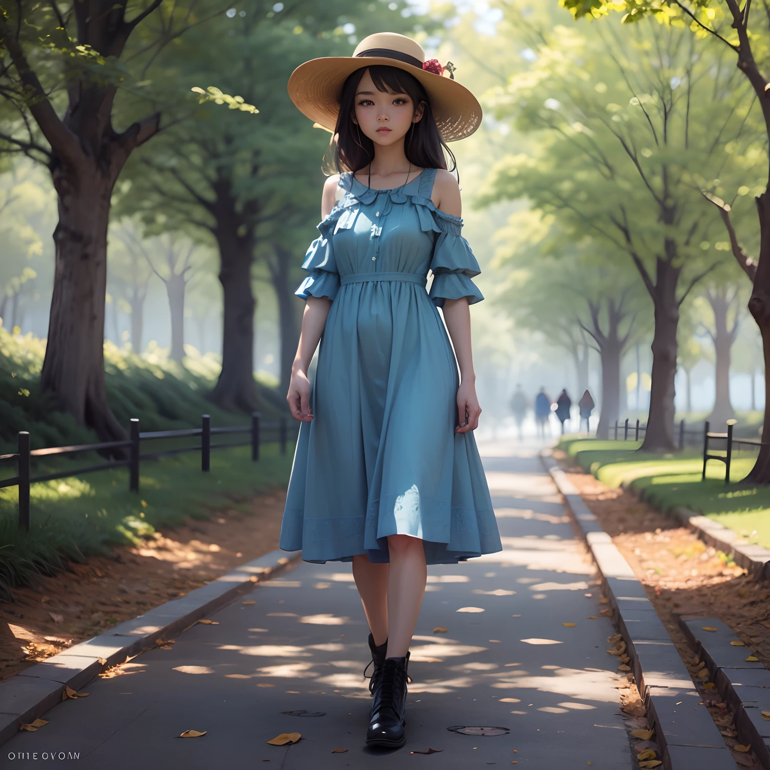 Draw a girl in a blue dress, who walks in the park