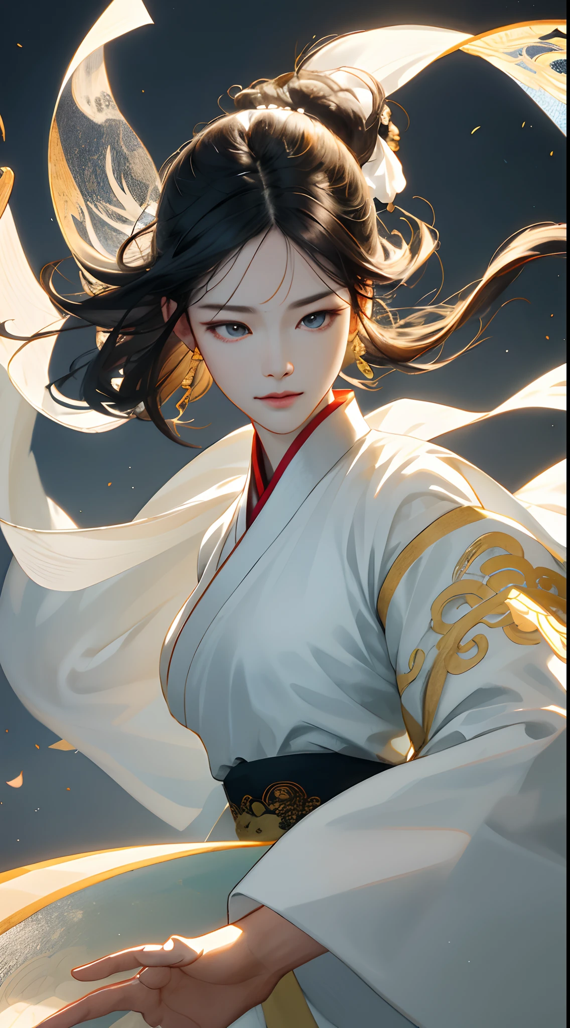 Handsome beauty,s delicate face,Fair smooth skin,sharp sharp eyes,Wearing white and pale yellow Hanfu,Fluttering hair,Flowing sleeves,portrait face close-up,Chinese traditional painting style,Ancient Sui and Tang style,Wind dancing posture,Bust photo,Face shot,angle of view,high-definition picture quality,Clear detail,tmasterpiece,detail-rich,very refined,ultra - detailed,The proportions are correct,high qulity,Good atmosphere,delicated,cg render,detail render,(Delicate facial portrayal)(Fine hair portrayal)(highest quality)(Master masterpieces)(High degree of completion)(a sense of atmosphere)