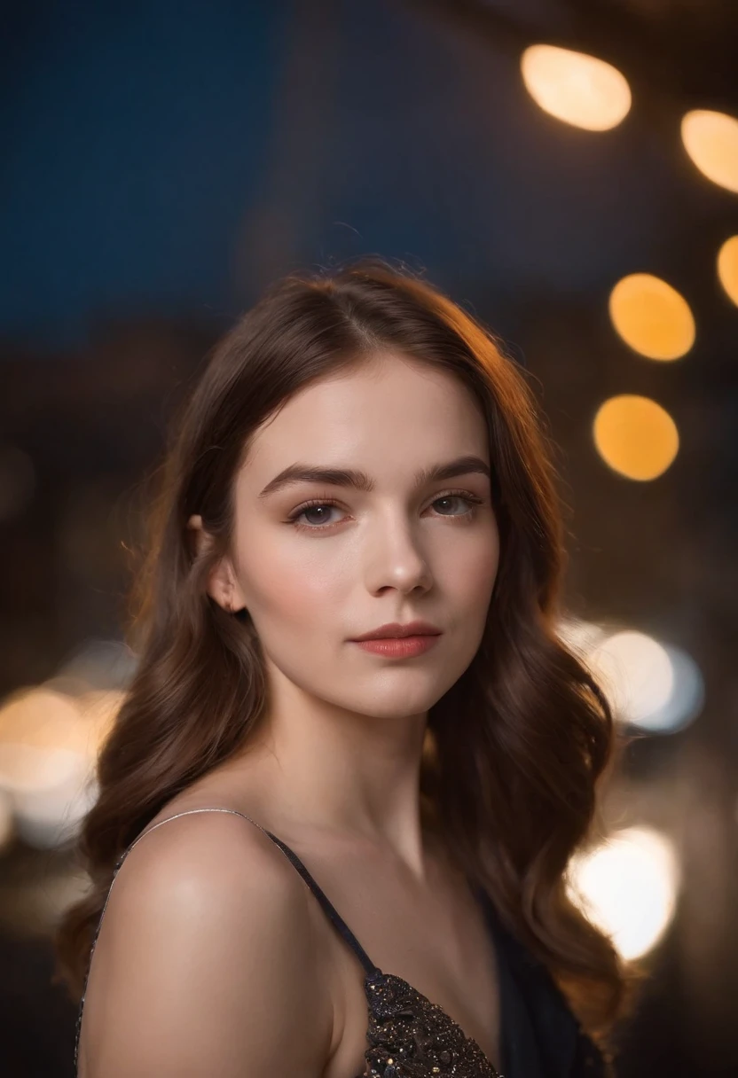 A beautiful girl with a beautiful bust in a formal suit against the background of a night city with realistic,glow, ISO 400 film shots, photo filters and a wonderful bust tattoo