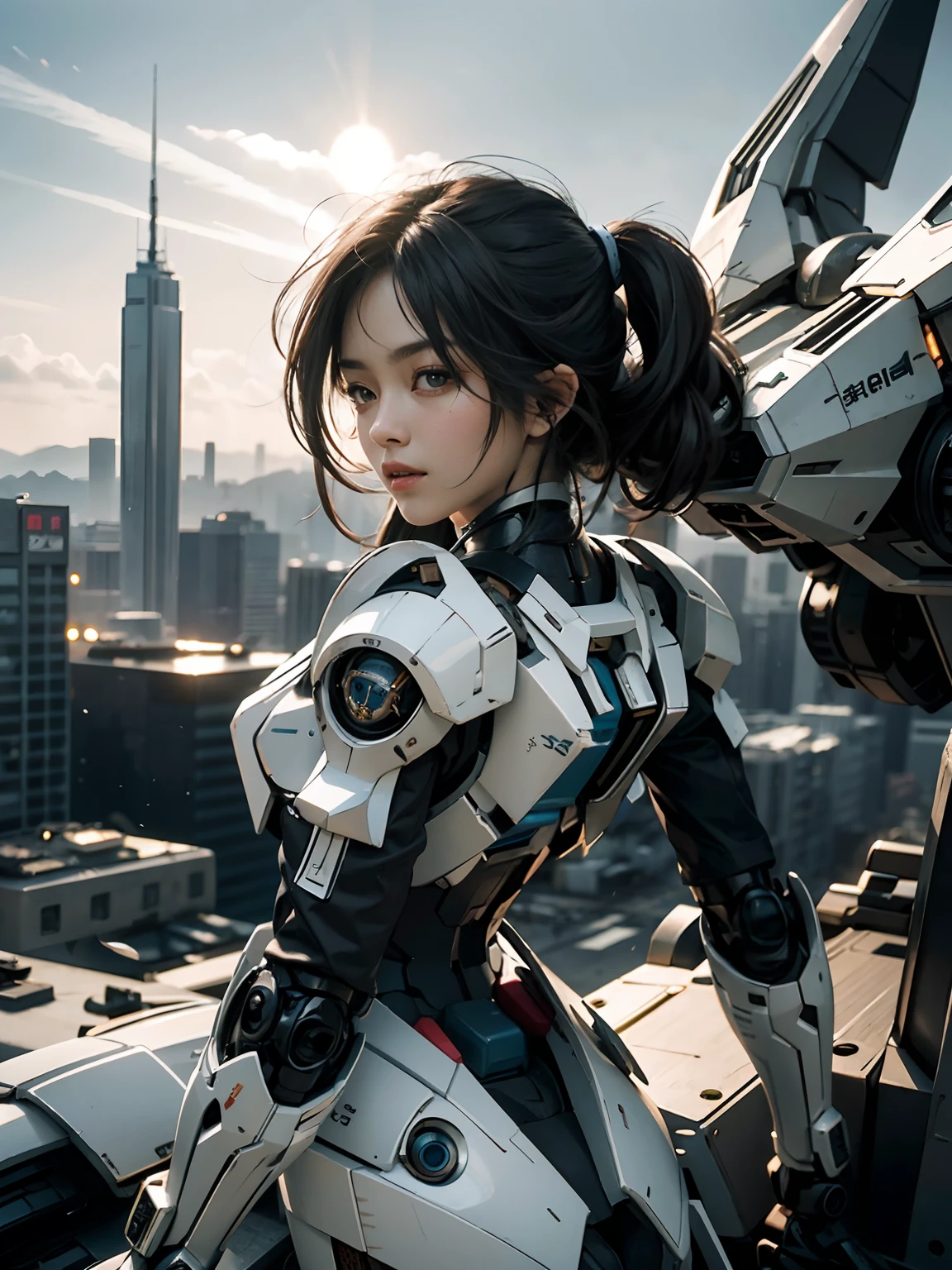 Textured skin, Super Detail, high details, High quality, Best Quality, hight resolution, 1080p, hard disk, a beauty、She wears a futuristic Gundam mecha(Gundam)