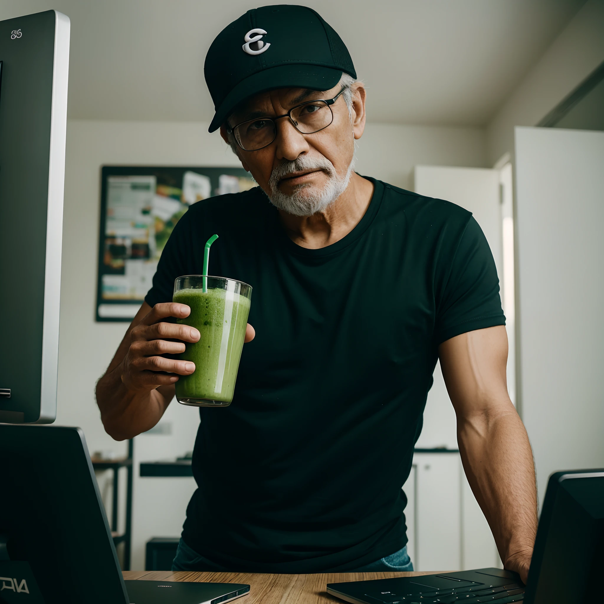 RAW Photo, DSLR BREAK (kkw-ph1:0.9) BREAK portrait of an 85 year old man, looking at his desktop monitor shocked, amazed, wearing plain black t shirt, wearing white trucker cap, holding his eyeglasses, taking off his eyeglasses, looking amazed at his computer, amazed, shocked, can't believe, looking at the computer, thick eyeglasses, holding green juice, green juice glass