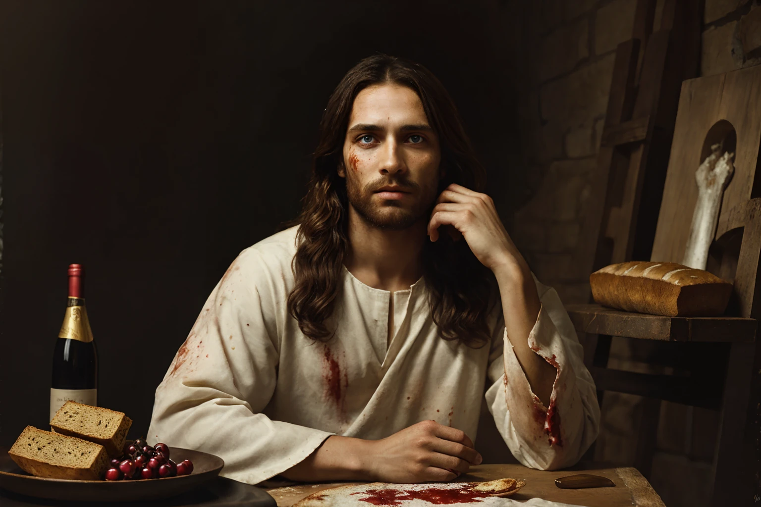 Jesus of Nazareth sitting at a table offering the viewer bread and wine, art by Anthony van Dyck, Detailed skin, detailed body, solo, blue eyes, Natural Skin Texture, skin detail, Mediterranean tan, high contrast, realistic skin, skin pores, intricate detail, covered in blood, bleeding from scalp onto forehead, blood on hands