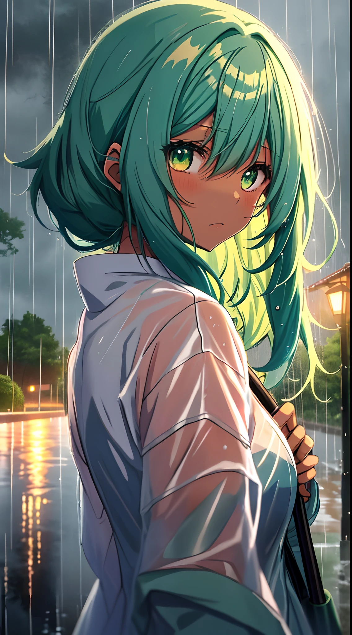 Anime girl with green hair holding umbrella in rain, ☁🌪🌙👩🏾, Anime girl with teal hair, Green rain, nightcore, rained, rained! during night, anime girl with cosmic hair, is night，rained, rained!!, star rain, rainy evening, In the rain, Rain at night, mikudayo, late night raining