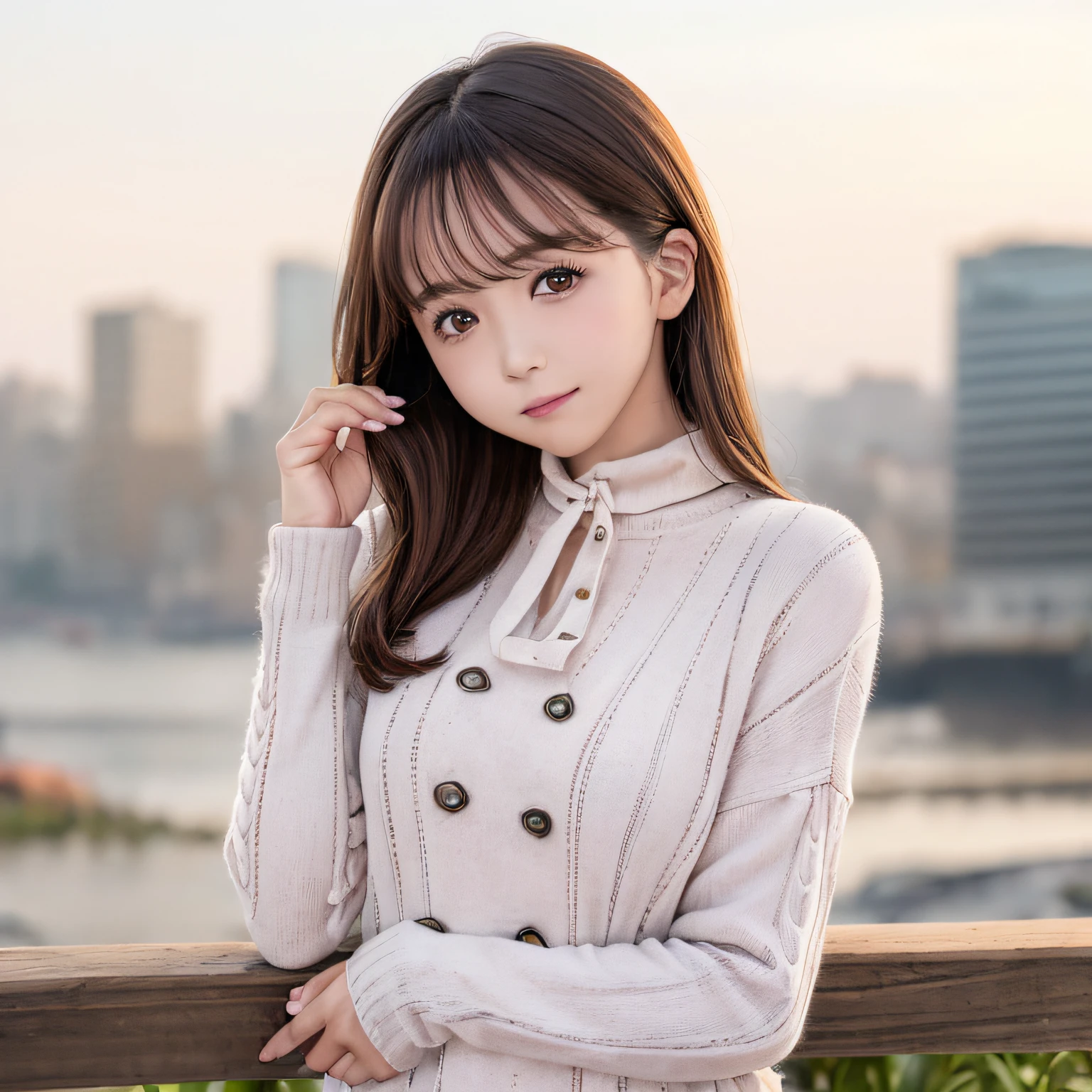 top-quality、Photorealsitic、8K、hight resolution、2 girls in、femele、(Skindentation)、(portlate:0.6)、((cityscapebackground:1.52))、fulcolor、((smallsize round breast、highneck sweater:1.5))、Straight Watching Viewers:1.8、(1 Viewers looking into the eyes of a girl:1.45、medium lenght hair、A dark-haired、Partdbang:1.45)、(bokeh dof)、up of face、