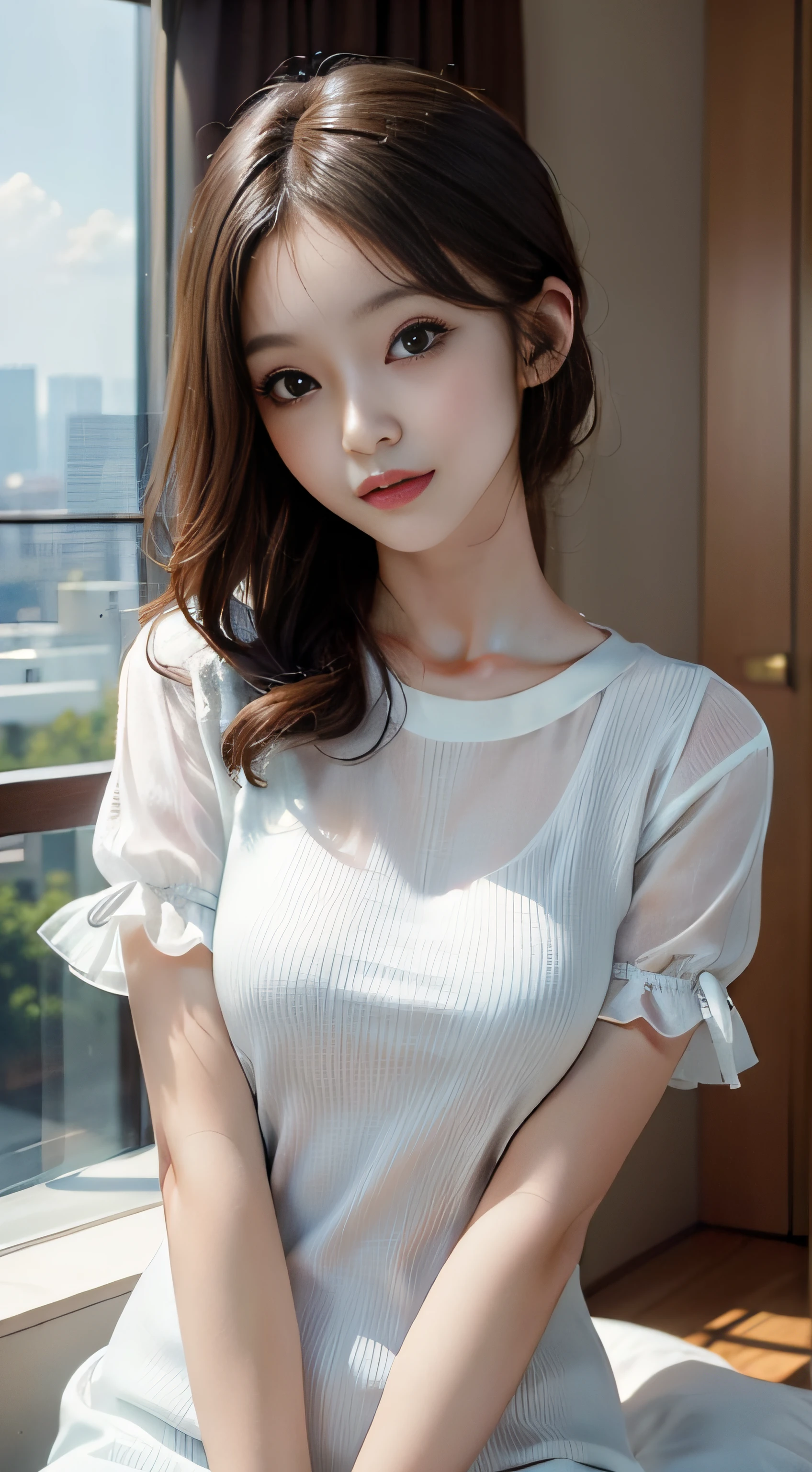 masterpiece、Top image quality:1.2、((beautiful young woman with))、Transparent skin:1.2、{A slight smil}、(kawaii)、Transparent short sleeve knit:1.2、luxury hotel、depth of fields、Sharp Focus:1.5、Fine details、The chest is sheer