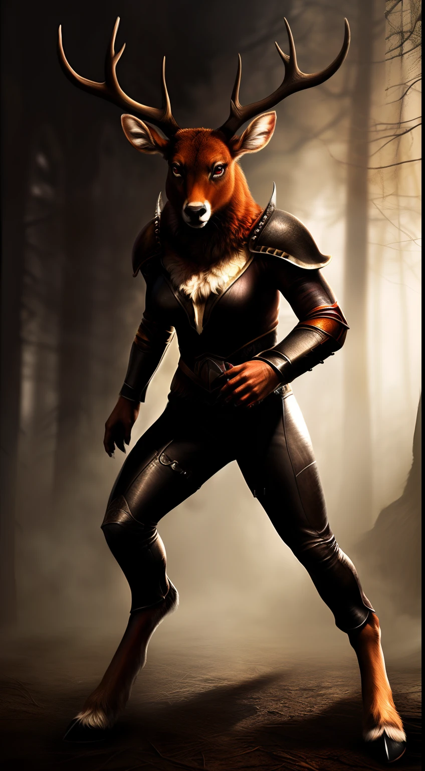 (Best Quality,Ultra-detailed,Realistic:1.37)、anthology、 Furious deer, Solo, Woman in deer armor, Atrocious、cruel、offensive、Evil face、Sharp horns、Red Eyes, Standing, Bipedal、human sized、(realistic fur, furr, realistic fur texture:1), Horror movie lighting、(Full body:1.8)