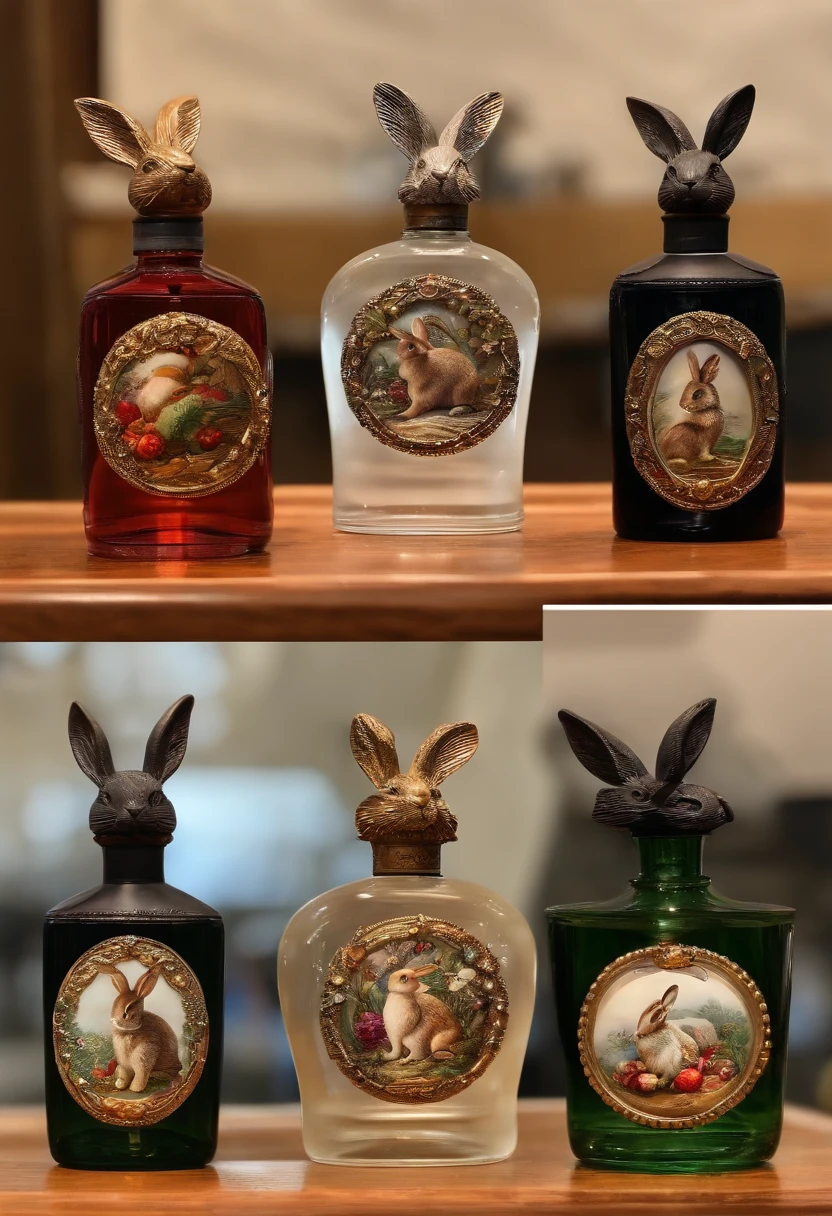 Best quality, Masterpiece, 超高分辨率，Bunny bottle cap，perfume bottles，Wine bottles