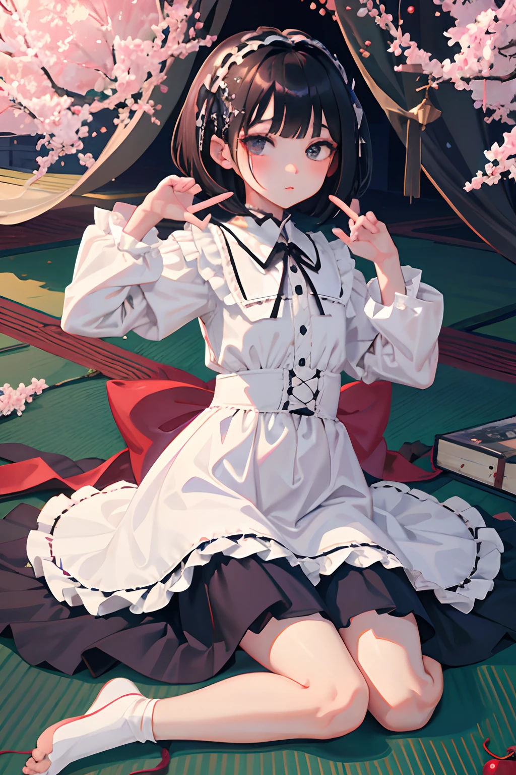 wariza，Curtsey，child，（​masterpiece，Highest Quality），(shortsleeves，White Gothic Lolita)，Sleepy face，Round eyes，A dark-haired，Semi-long bob，bare-legged，Tatami mats，cherry trees