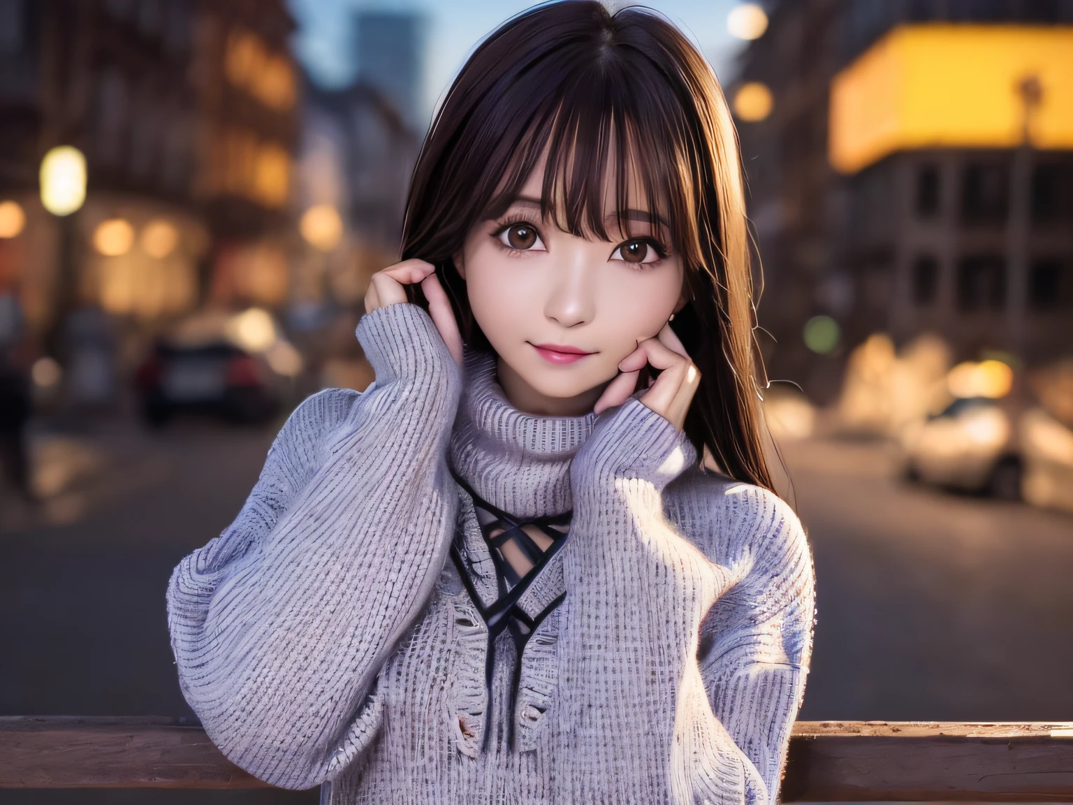 top-quality、Photorealsitic、8K、hight resolution、2 girls in、femele、(Skindentation)、(portlate:0.6)、((cityscapebackground:1.52))、fulcolor、((smallsize round breast、highneck sweater:1.5))、Straight Watching Viewers:1.8、(Viewers looking into the eyes of a girl:1.45、medium lenght hair、A dark-haired、Partdbang:1.45)、(bokeh dof)、up of face、