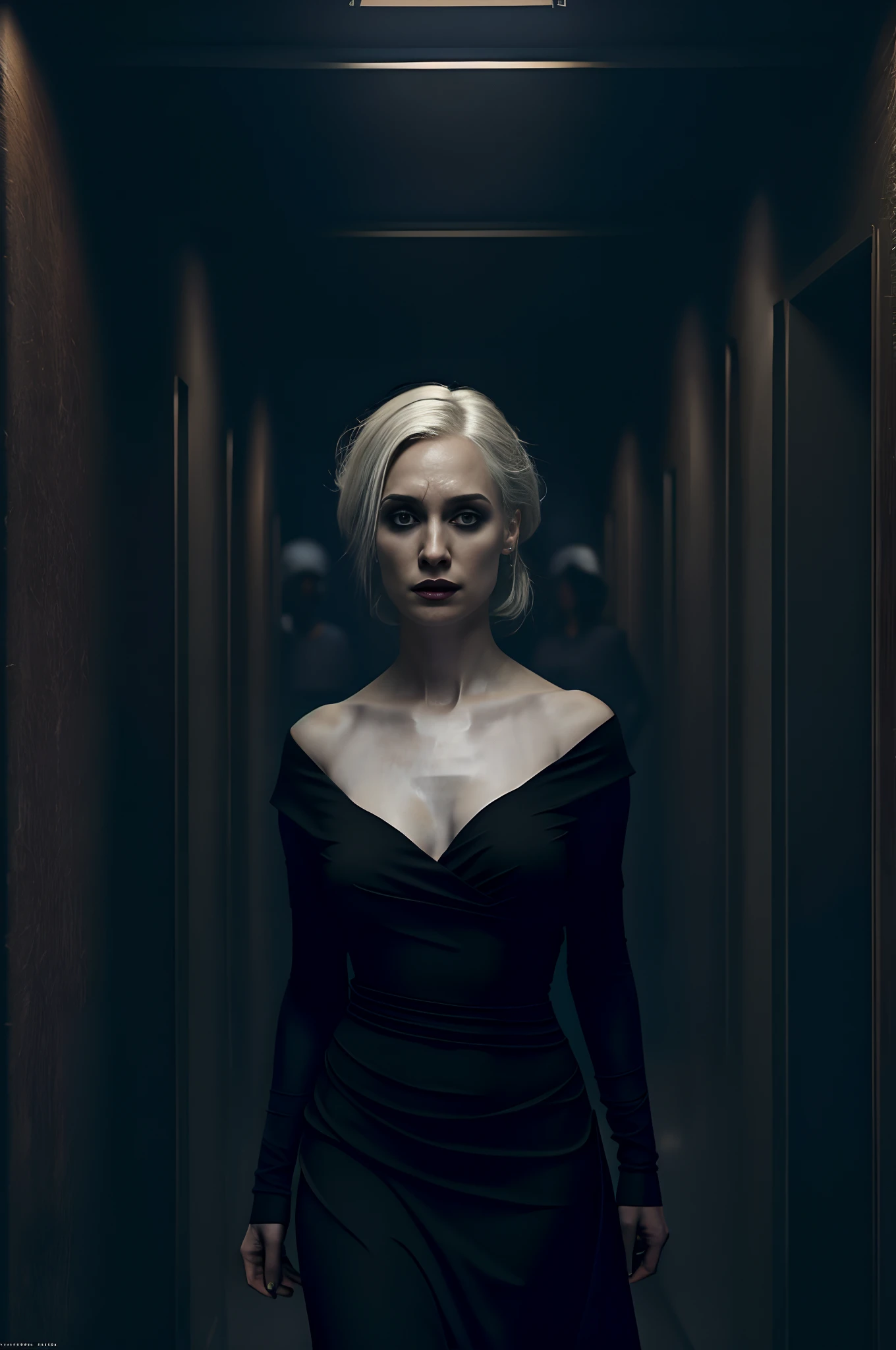 1girl, solo, brown eyes, white hair, (HP: 1), walking in a dark subway car, (surrounded by many people: 1.2), crowd, full body, (uniform: 1.5), dullyarts, damaged background details ,eye details,(The Last Survivor\), (realism:1.4),official art,unreal 8k wallpaper,ultra-detailed,horror unique,masterpiece,best quality,(dynamic angle:1.4),(dark and elegant Lighting: 1.2), Calm, Dim Colors, Horror, Horror Style, Medium Chest