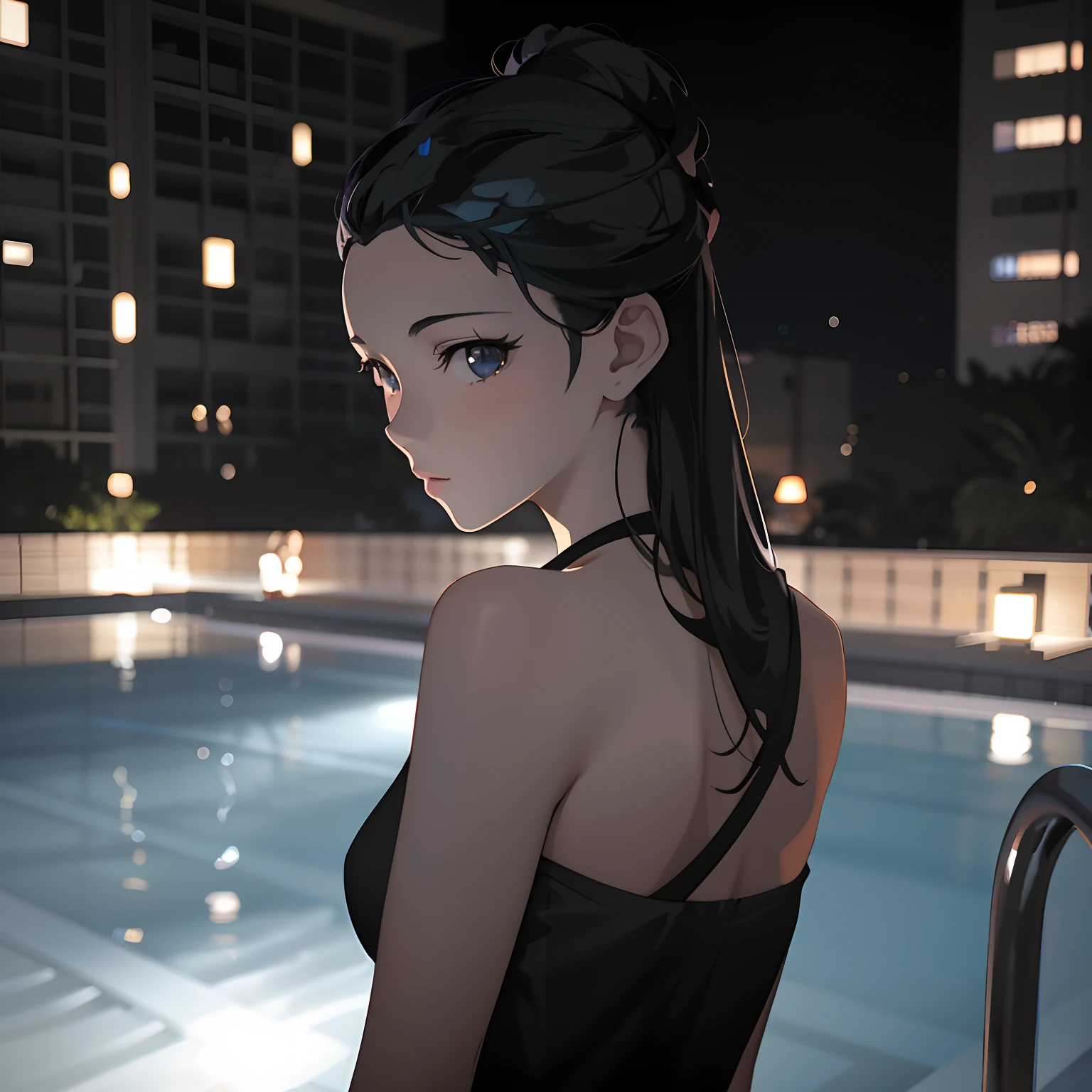 Anime Black swimsuit girl standing by the pool at night, Guviz-style artwork, Smooth anime CG art, Digital anime illustration, anime big breast. Soft lighting, Digital anime art, Digital art Ilya Kuvhinov, Beautiful anime woman, photorealistic anime girl rendering, Makoto Shinkai. a digital rendering, Guviz
