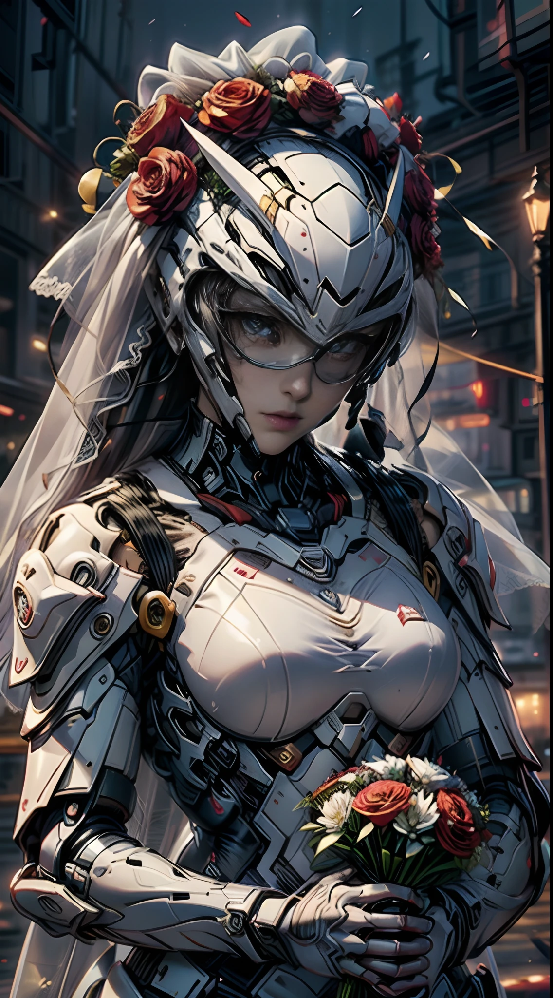 best quality, expressive eyes, perfect face,(masterpiece, highly detailed, 2.5D, anime style, white mecha armor, fine gold lines, detailed, (girl holding bouquet of bridal flowers, wedding ceremony in Night City), afternoon lighting), focus on girl and bouquet, no other people visible, (dramatic composition, aesthetic), unique wedding location, (emphasize the armor details), vibrant colors, trending on ArtStation, (high quality),no head gear