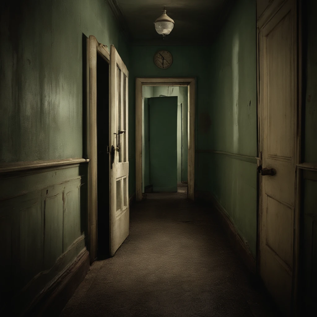 hospital hallway with a closed door at the end,creepy atmosphere,creepy lighting,creepy shadows,lots of eerie details,haunting feeling,industrial setting,abandoned feeling,unsettling silence,old and decrepit walls and floor,dark and gloomy colors,distant sounds of footsteps,spooky vibe,hint of mystery in the air,uneasy anticipation,creepy ambiance,eerie stillness,ghostly presence,haunted feeling,unknown horrors beyond the closed door,dreadful energy,blood-curling sensation,imagination running wild,horror movie scene,nightmarish setting,spine-chilling experience,walls covered in peeling paint,uncomfortable feeling of being watched,tingling down the spine,disturbed senses,tension in the air,uneasiness,uncertain fate,uninviting hallway,uneasy breath,ghostly whispers,uncanny quietness,dreadful anticipation,bone-chilling scenario