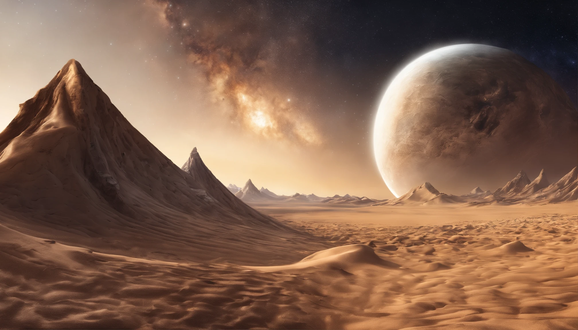 huge planet, Barren desert, the night, starrysky, surrealism, masutepiece, hight resolution、Impressive Milky Way