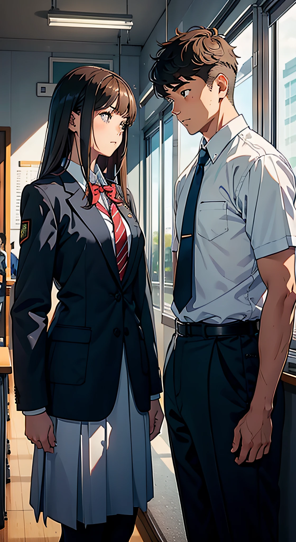 Couple of men and women in high school uniform、Classroom、Men and women with height difference