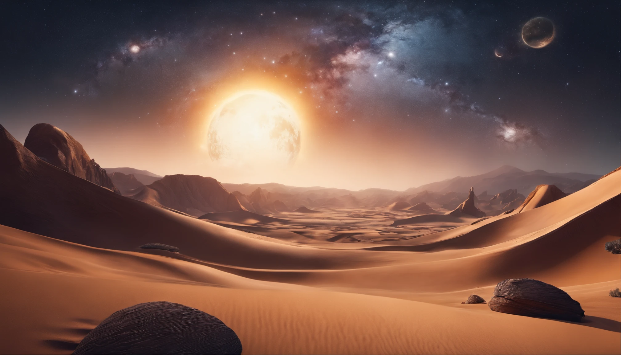 huge planet, Barren desert, the night, starrysky, surrealism, masutepiece, hight resolution、Impressive Milky Way