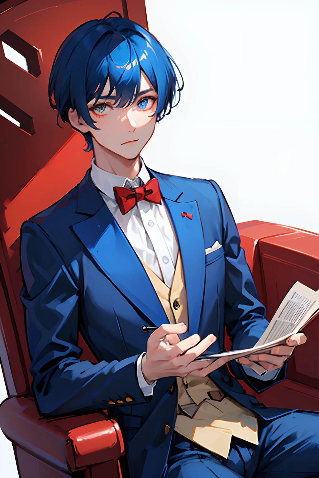 young man, handsome, blue red background, heterochromia blue red, hand in pocket, relaxed, looking at camera, waiter uniform, bow tie, concerned expression, no background, plain background