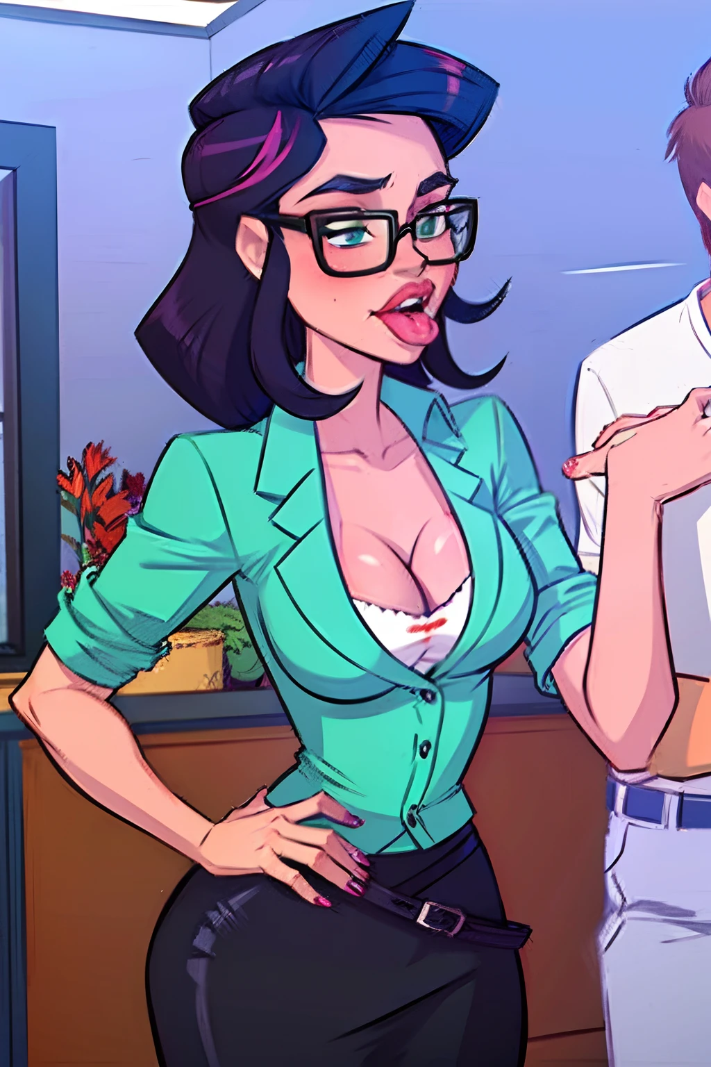 best quality, masterpiece, btfrm, cowboy shot, portia cox, (solo), cyan blazer , lavender short hair, black plain pencil skirt , glasses, tight shirt, green eyes, medium breasts, ((arm on hips)), office, tongue lick