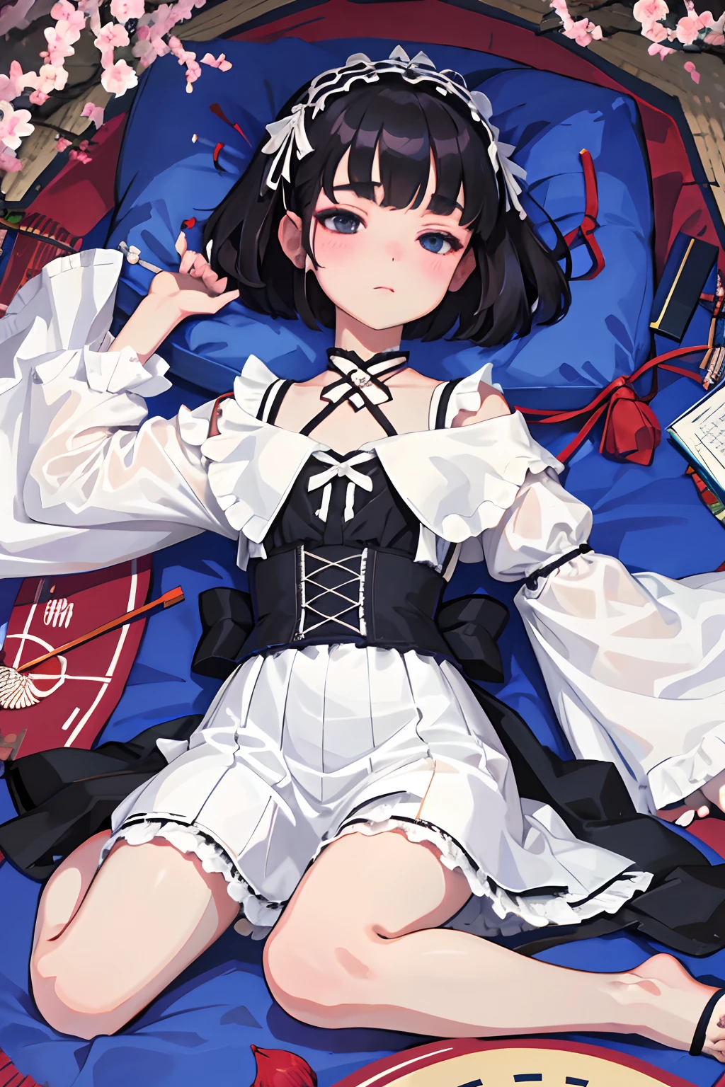 wariza，Curtsey，child，（​masterpiece，Highest Quality），(shortsleeves，White Gothic Lolita)，Sleepy face，Round eyes，A dark-haired，Semi-long bob，bare-legged，Tatami mats，cherry trees