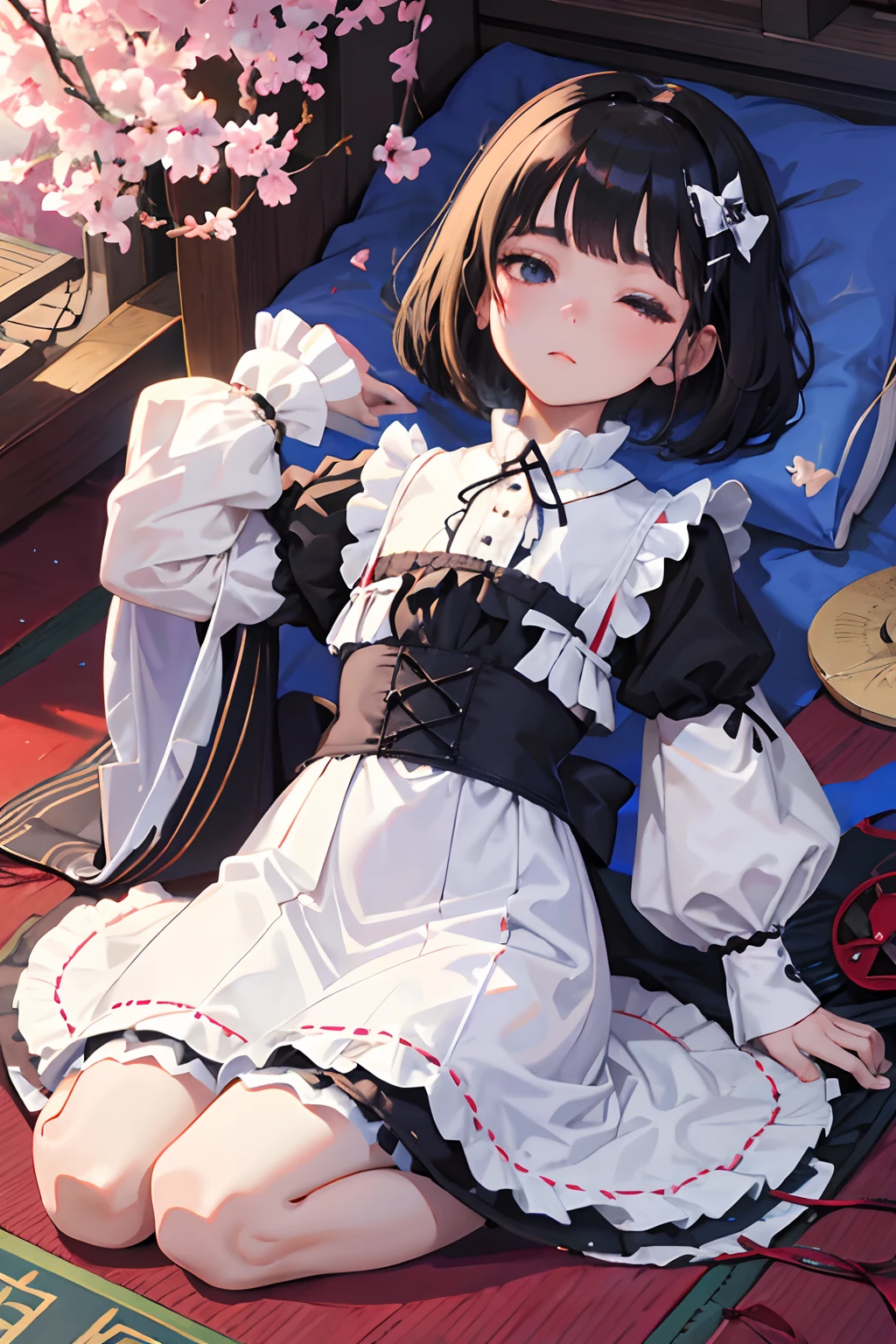 wariza,Curtsey,child,(masterpiece,Highest Quality),(shortsleeves,White Gothic Lolita),Sleepy face,Round eyes,A dark-haired,Semi-long bob,bare-legged,Tatami mats,cherry trees