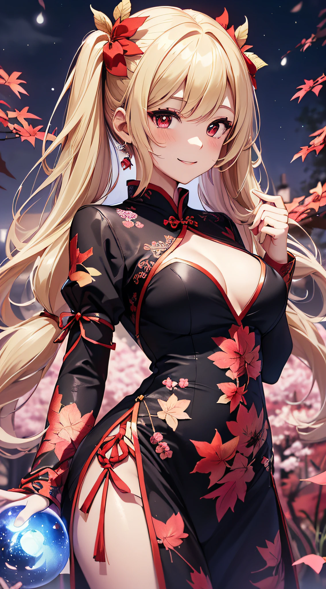 top-quality、Top image quality、masterpiece、girl with((18year old、Black and red cheongsam、Best Bust、Bust 90、Blonde twintails、Red Eyes、open chest wide、Valley、Happiness、A slender、ssmile,Cherry Blossom Hair Ornament、Have a light、Invite your audience))hiquality、Beautiful Art、Background with((Park of autumn leaves at night、Floating Blue Fireball、Fantastic world))、masutepiece、Elaborate design、visualart、
