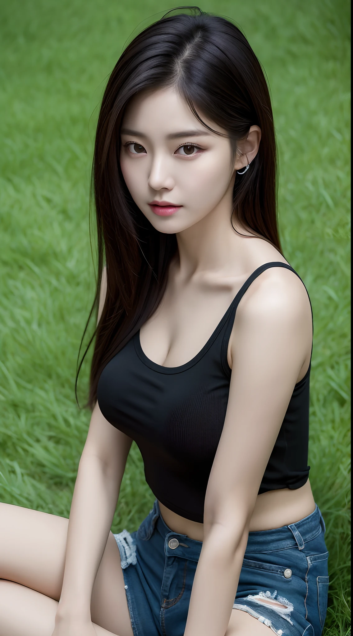 Realistic photos of 1cute Korean star, straight medium hair, 32 inch breasts size, wearing black tank top, shorts, sitting on the grass, close-up portrait, UHD